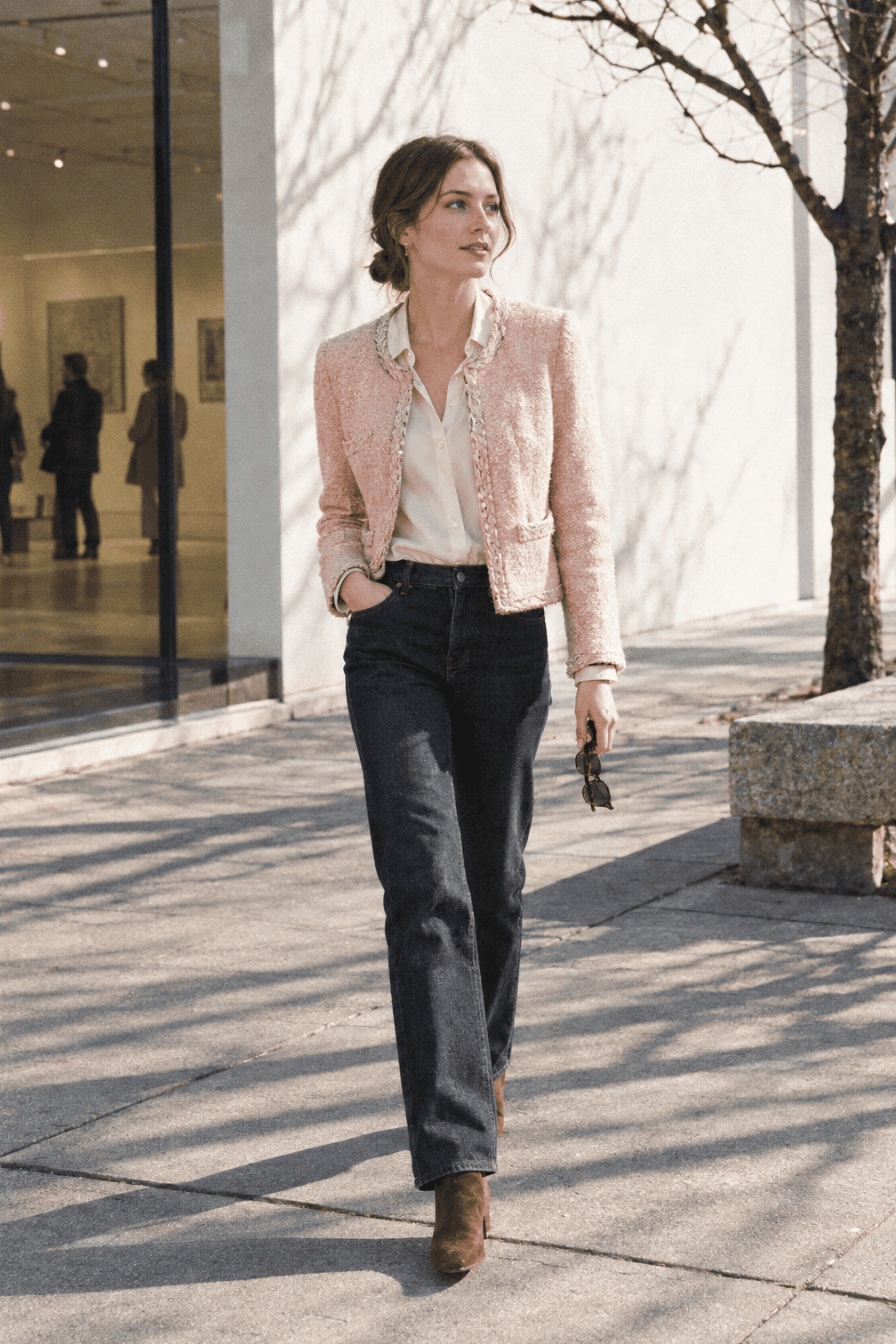 winter date night outfit: blush braided-trim tweed jacket over a cream silk shirt with rinse straight jeans and brown suede ankle booties