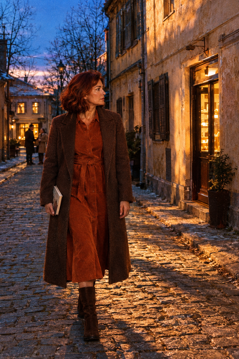 holiday-neutral winter dinner party outfit: rust corduroy midi shirt dress, espresso suede boots and a long brown alpaca-wool stand-collar coat