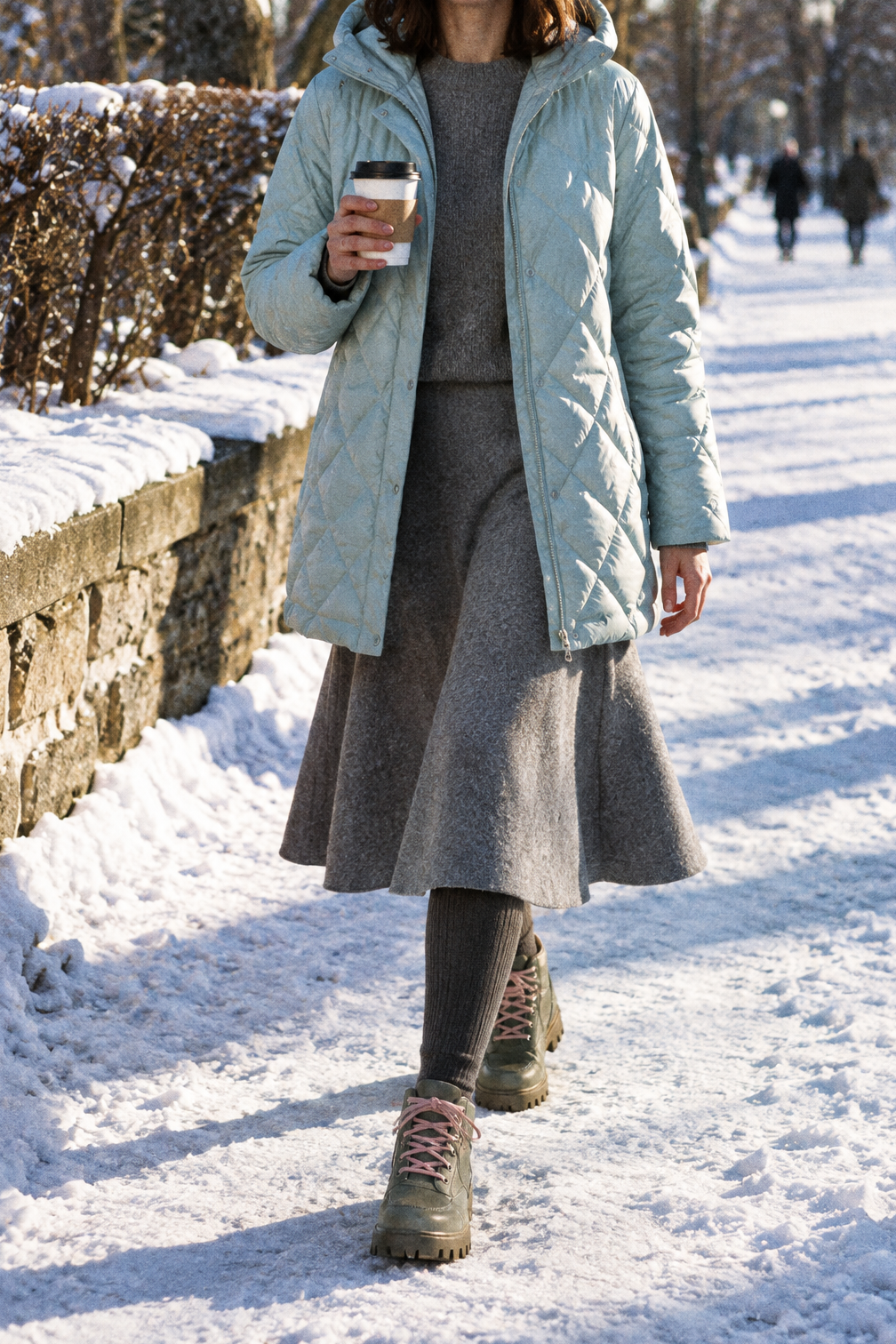 snow outfits for women: pale light blue PUFFTECH hooded parka, gray brushed jersey flare skirt, dark gray ribbed knee socks and green waterproof lug-sole boots on a snowy park lane