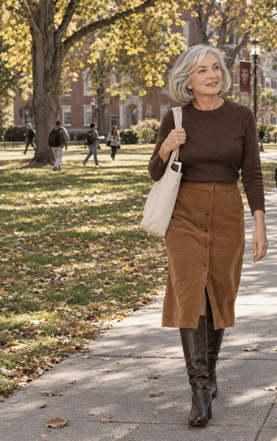 petite fall outfit for women over 60: camel corduroy button-front midi skirt with a tucked chocolate cashmere sweater and dark brown knee boots