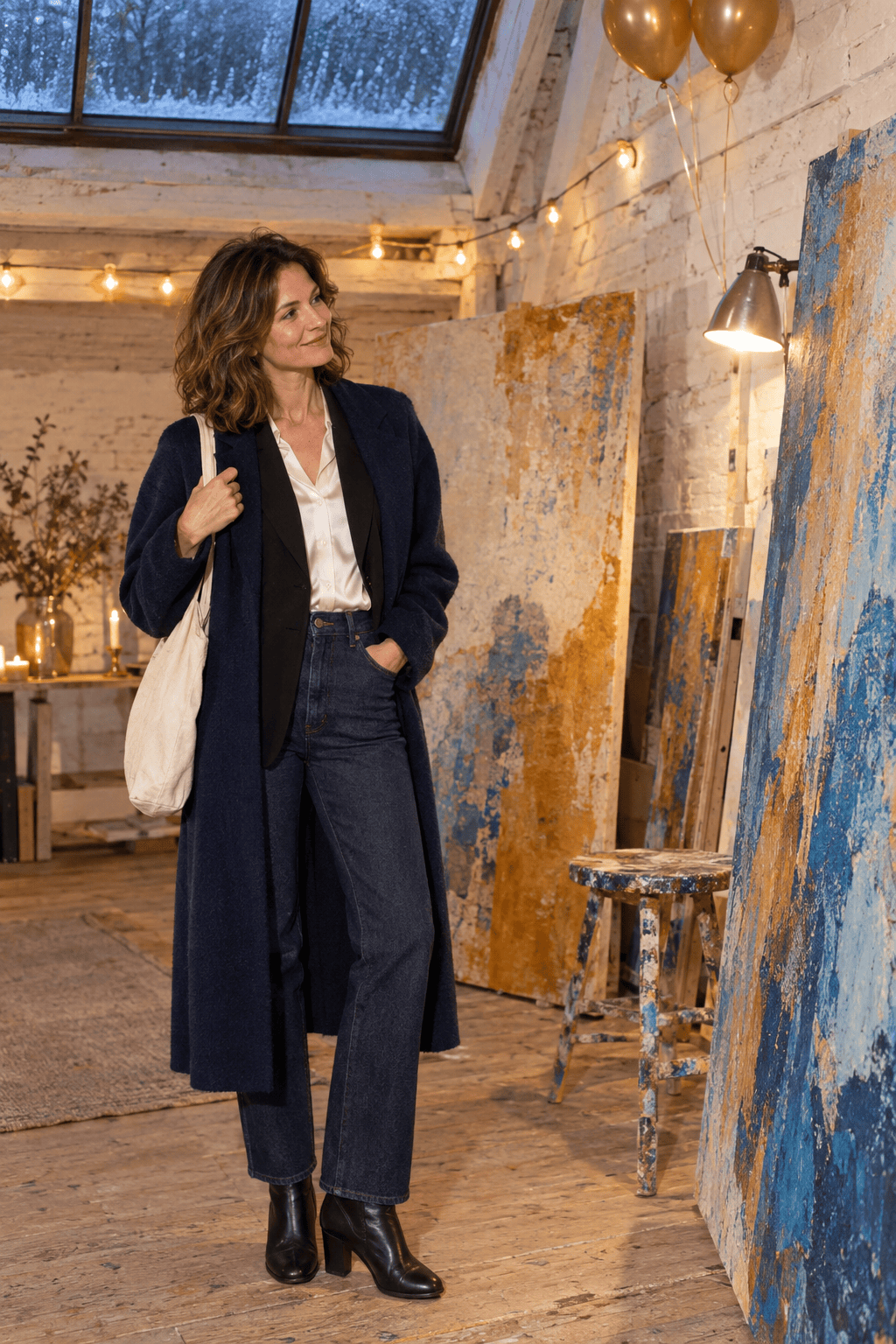 classy casual new years eve outfit: black velvet blazer over an ivory silk shirt with dark indigo straight-leg jeans and a long navy wool topcoat