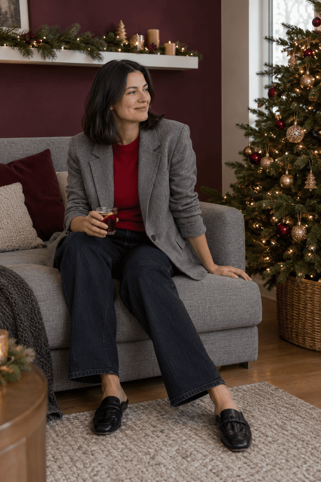 casual christmas get-together outfit for women over 40: oversized grey blazer over a red crewneck with dark straight jeans and black mule loafers