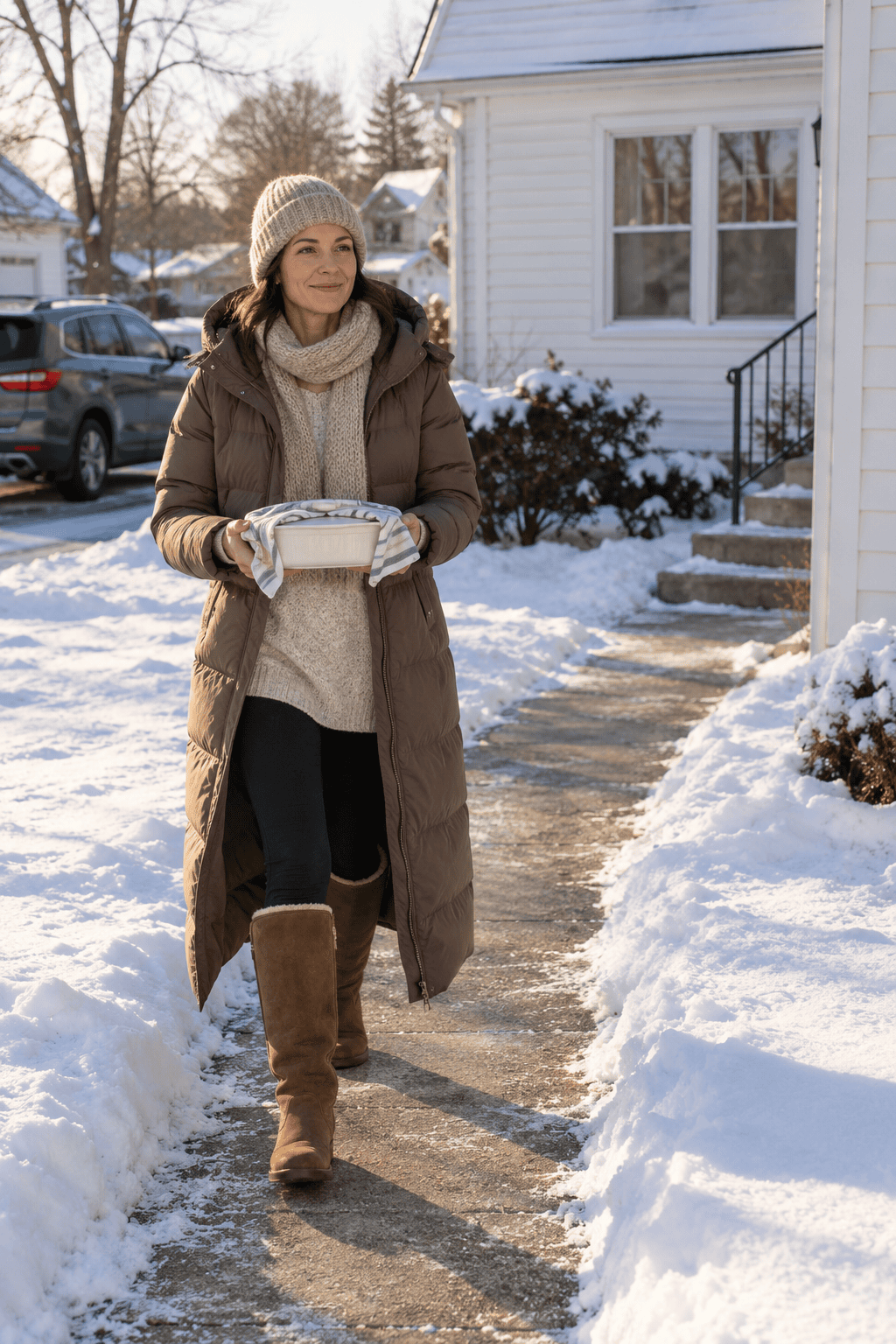 coffee brown hooded long down coat with an oatmeal sweater, black thermal leggings and tall chestnut sheepskin boots on a snowy suburban street