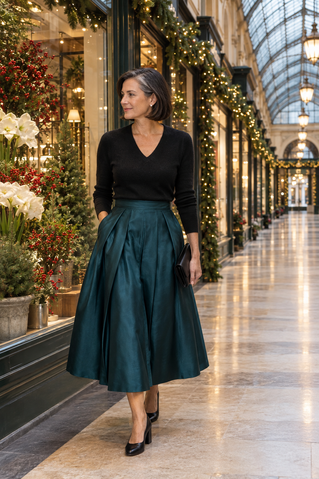 elegant christmas eve dinner outfit for women over 50: deep teal taffeta pleated midi skirt, black cashmere v-neck sweater and pearl stud earrings