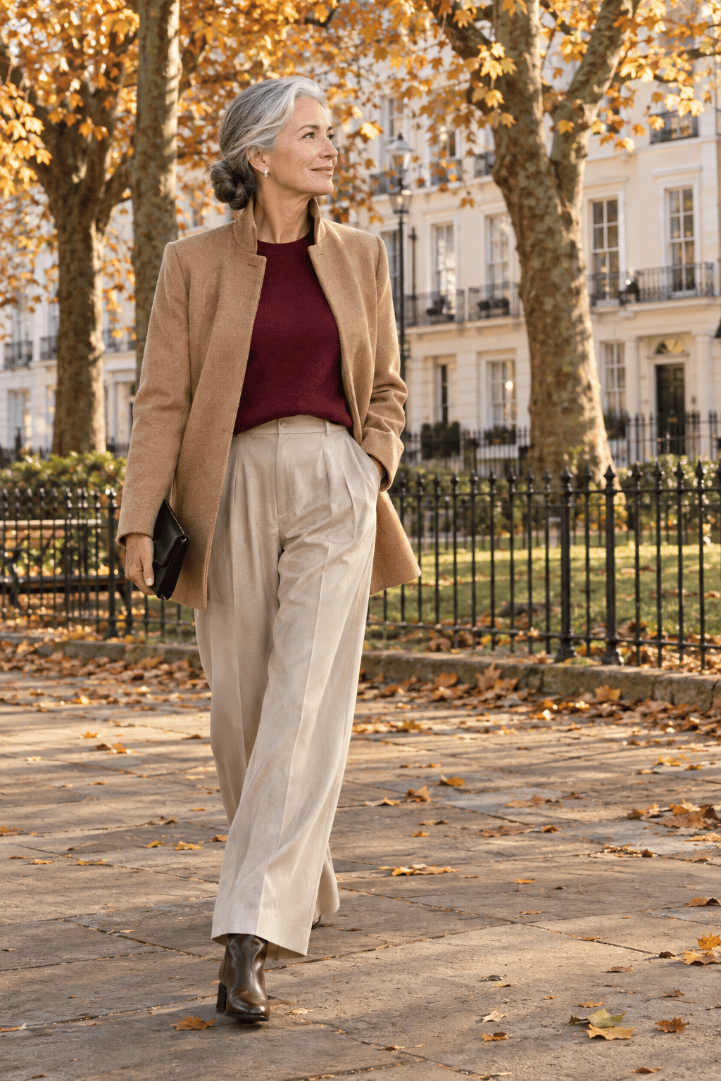 classy date night outfit for women over 60: wine cashmere sweater, stone pleated wide-leg trousers, camel wool car coat and brown ankle boots
