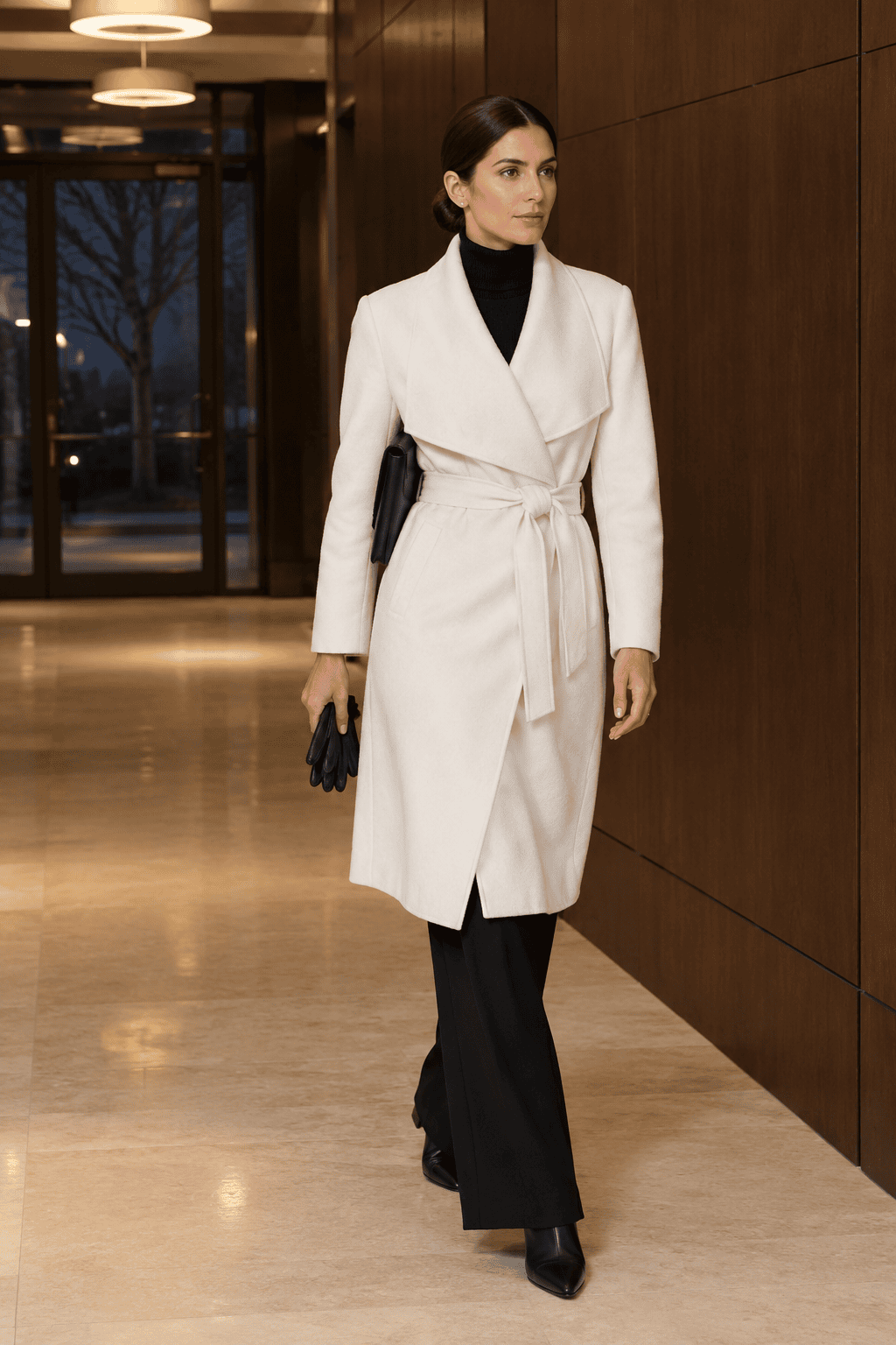 simple winter dinner outfit that looks expensive: winter white wool wrap coat over a black turtleneck, black wide-leg trousers and black pointed ankle boots