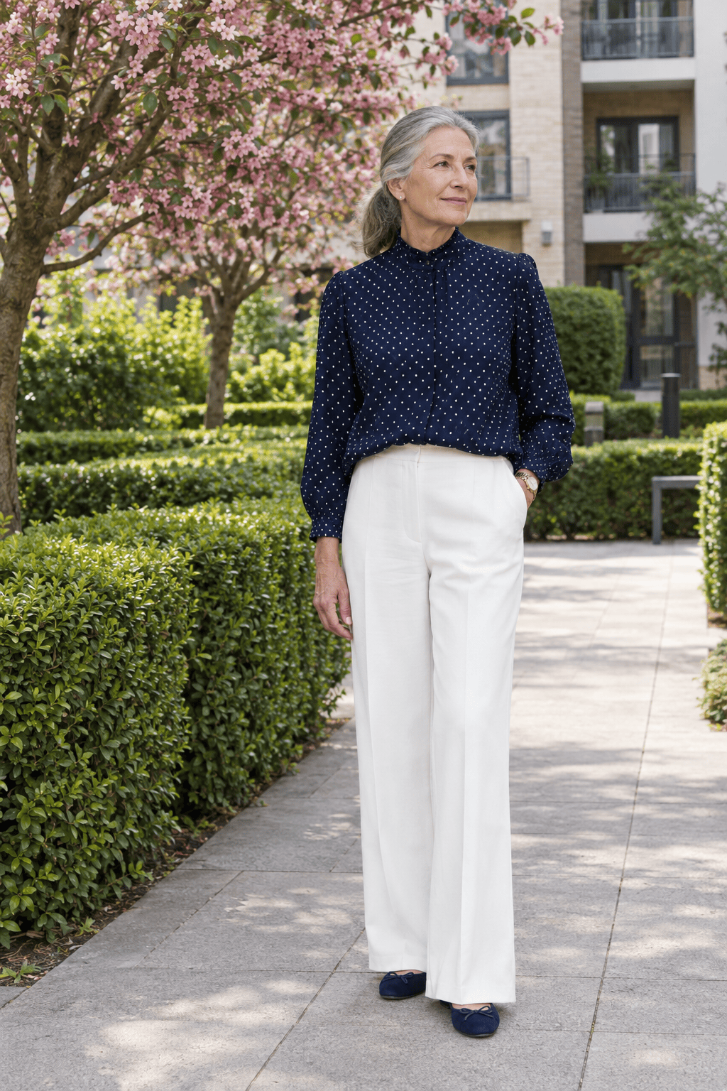 fresh spring outfit for women over 60: navy and white polka-dot funnel-neck blouse with white full-length wide-leg trousers and navy suede ballet flats