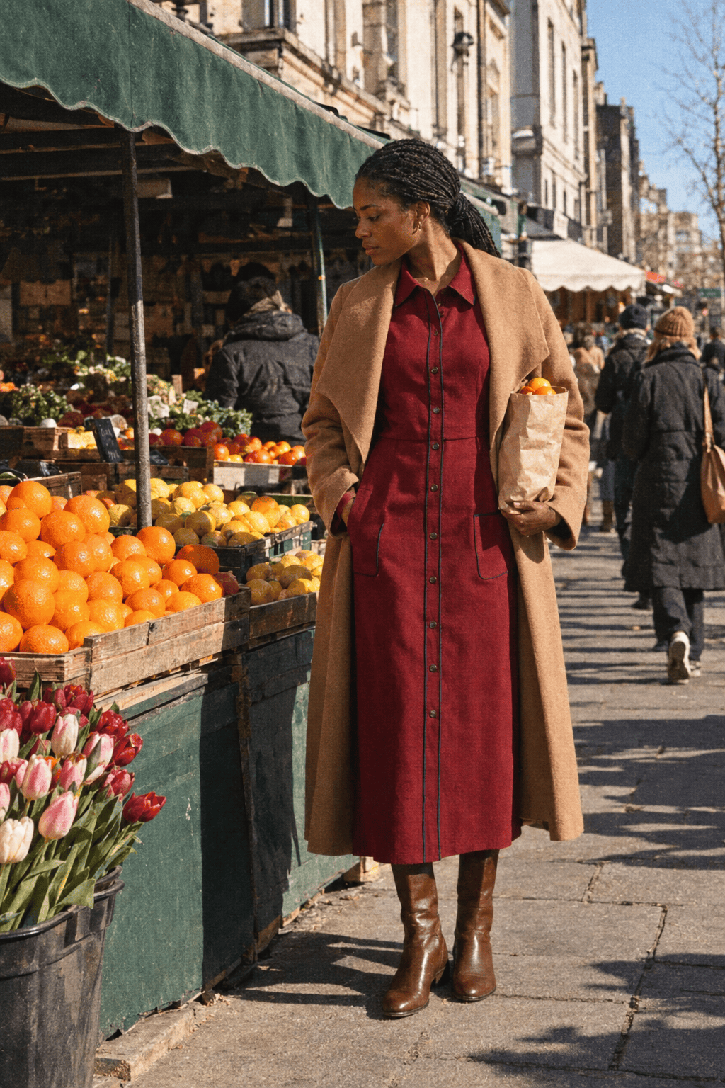 red dress winter outfit for a Valentine's weekend lunch: dark cherry ponte midi dress, caramel wool wrap coat and chestnut riding boots