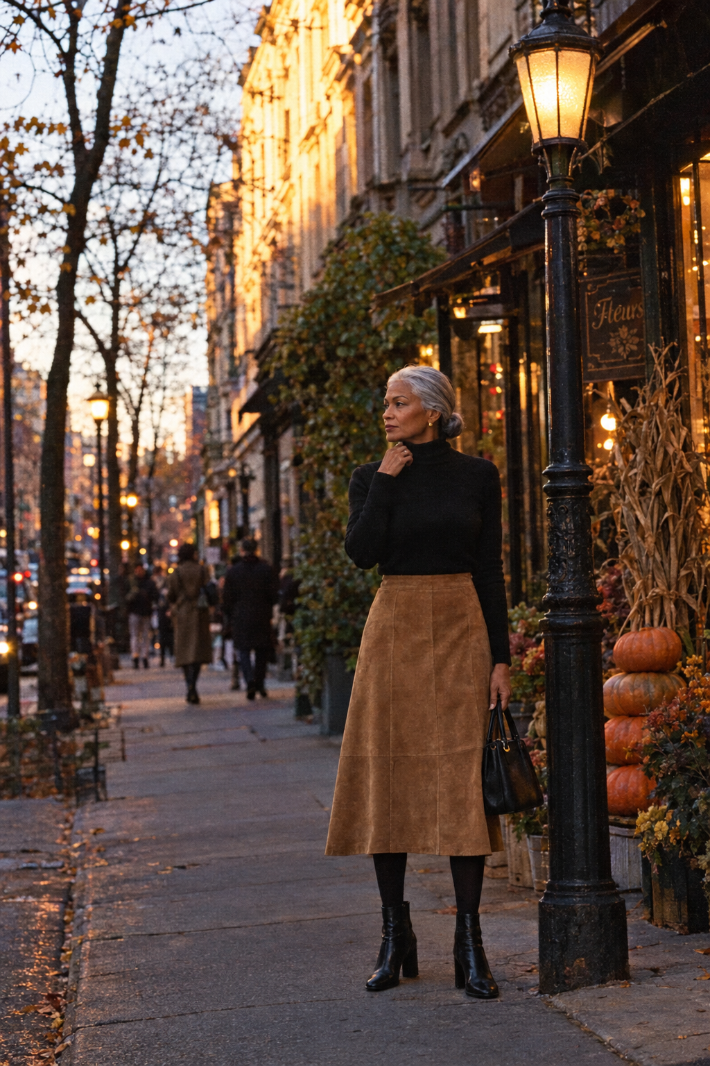 women over 60 thanksgiving outfit: tan suede A-line midi skirt, black cashmere turtleneck and block-heel ankle boots