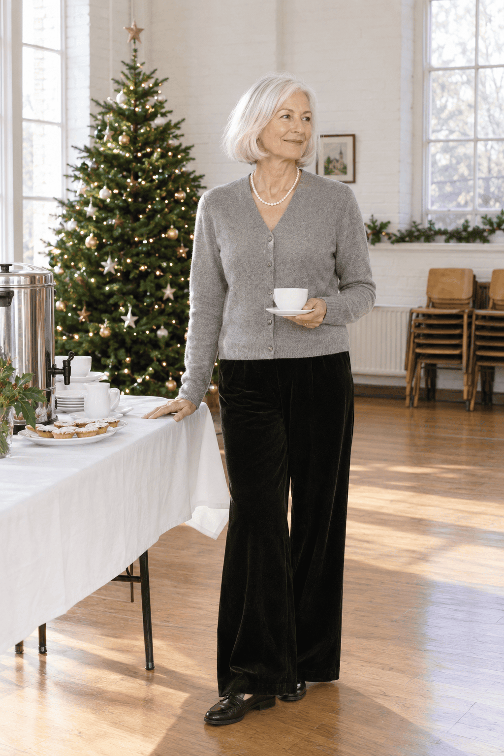 christmas morning church outfit: heather grey buttoned cashmere-blend cardigan with black velvet wide-leg trousers