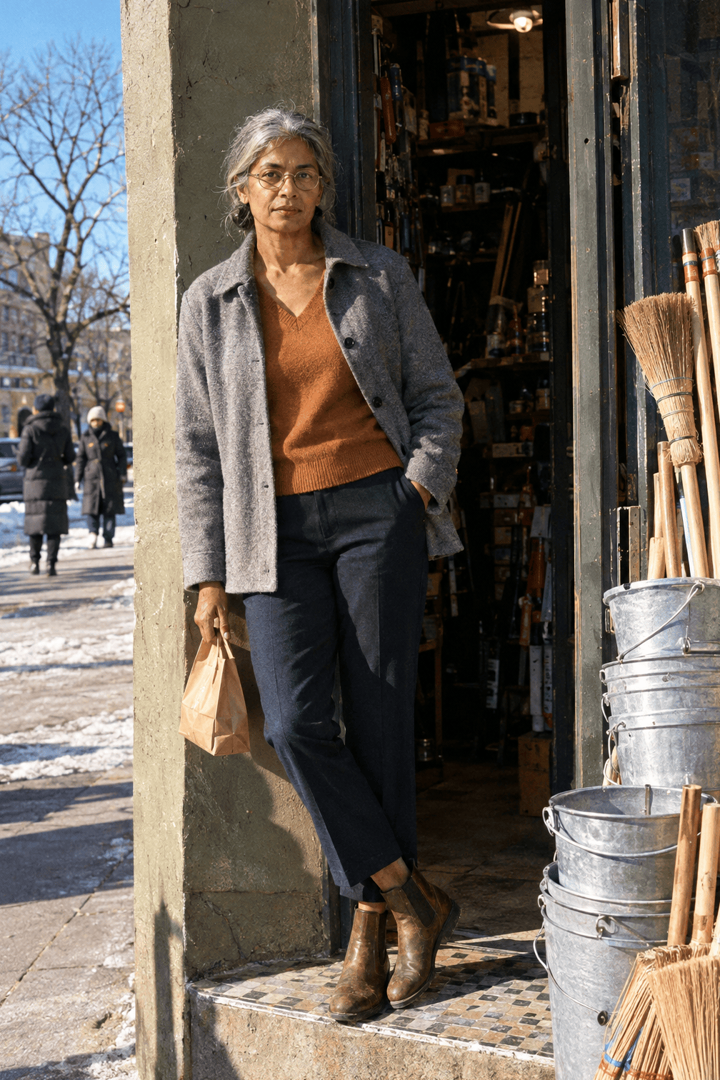 casual winter outfit: heather grey merino wool shirt jacket, warm ginger cashmere V-neck, cropped midnight navy wool trousers and rustic brown Chelsea boots
