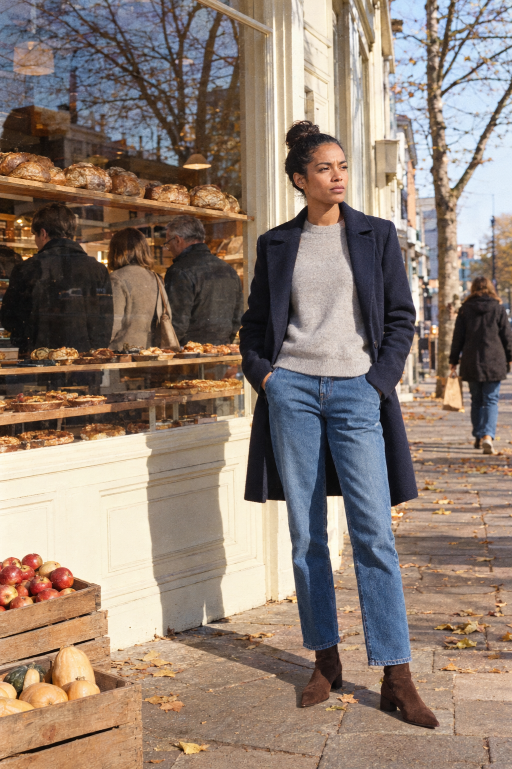 Friendsgiving outfit idea for a cold evening: navy wool coat, light grey cashmere crewneck, mid-blue straight jeans and chocolate suede block-heel ankle boots