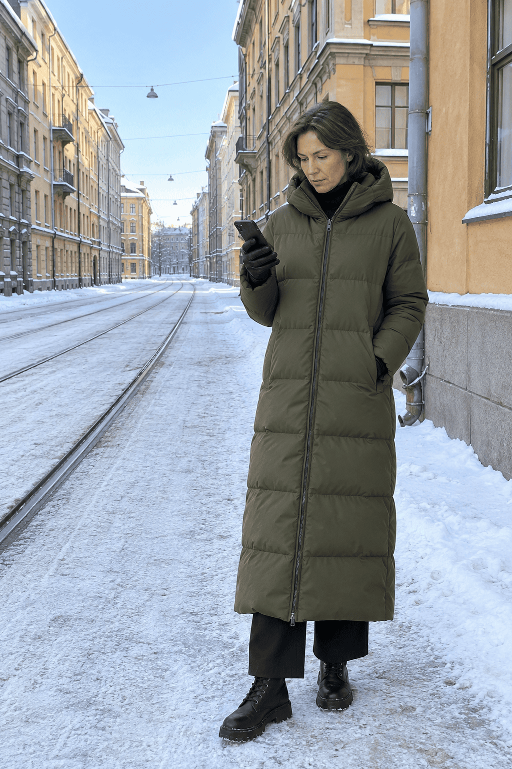 city break winter sightseeing outfit: moss green hooded down maxi coat, black turtleneck, black wide-leg trousers and black insulated snow boots