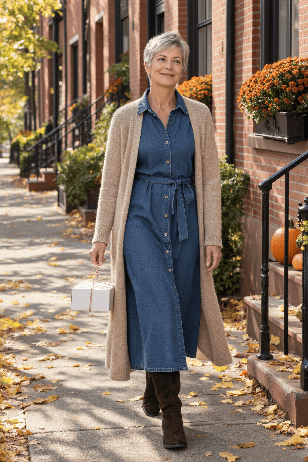 indigo denim button-front midi shirt dress with a long sand knit duster and dark brown suede knee boots, a casual Sunday brunch outfit for women over 60