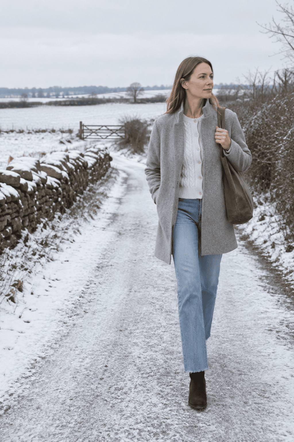 country weekend winter outfit: light heather grey wool coat, ivory cable cardigan, light-wash straight jeans and espresso suede boots