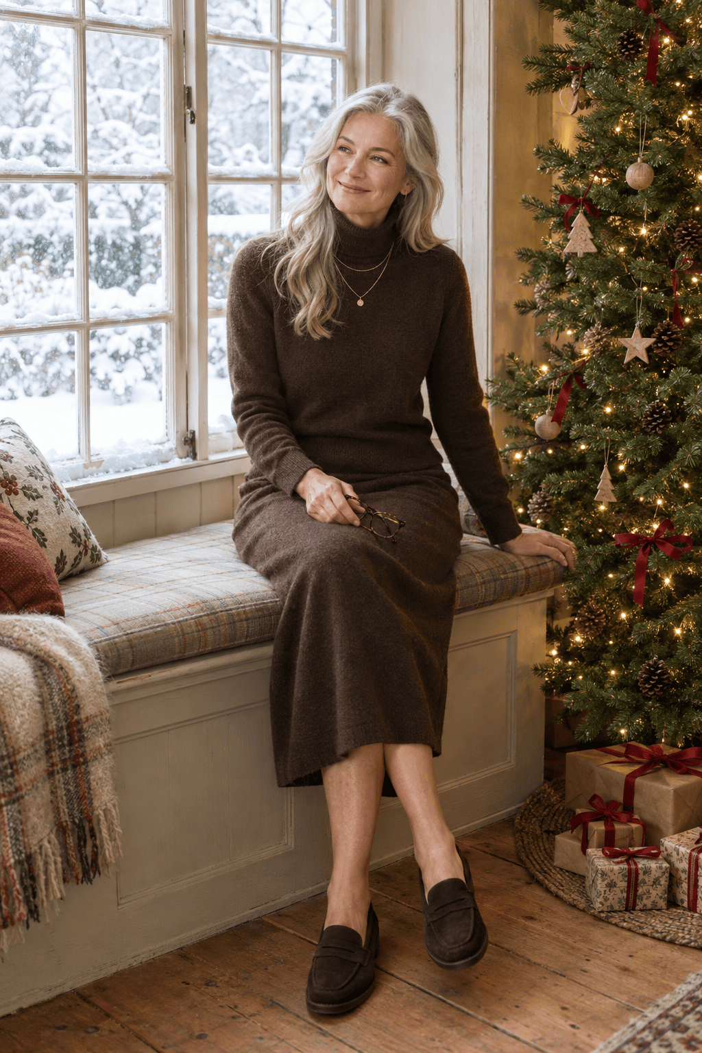casual christmas dinner outfit for women over 50: chocolate brown cashmere turtleneck with matching chocolate knit midi skirt and brown suede loafers