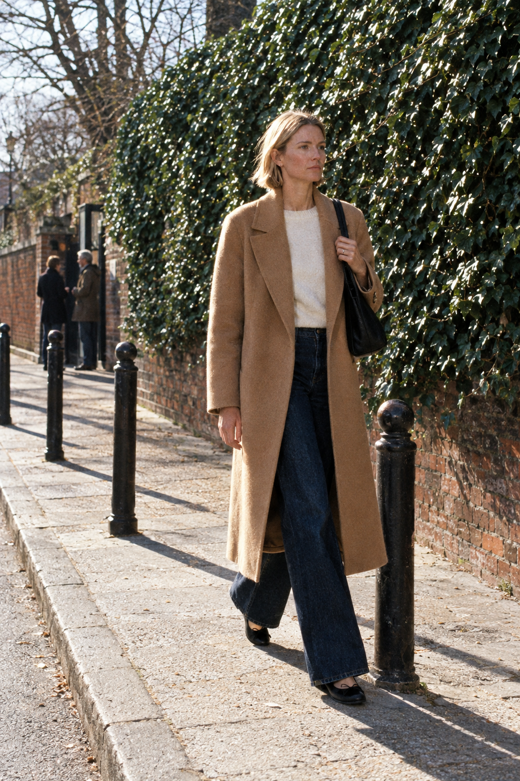 old money habit of unhurried posture: camel wool coat, dark indigo wide-leg jeans and black leather ballet flats