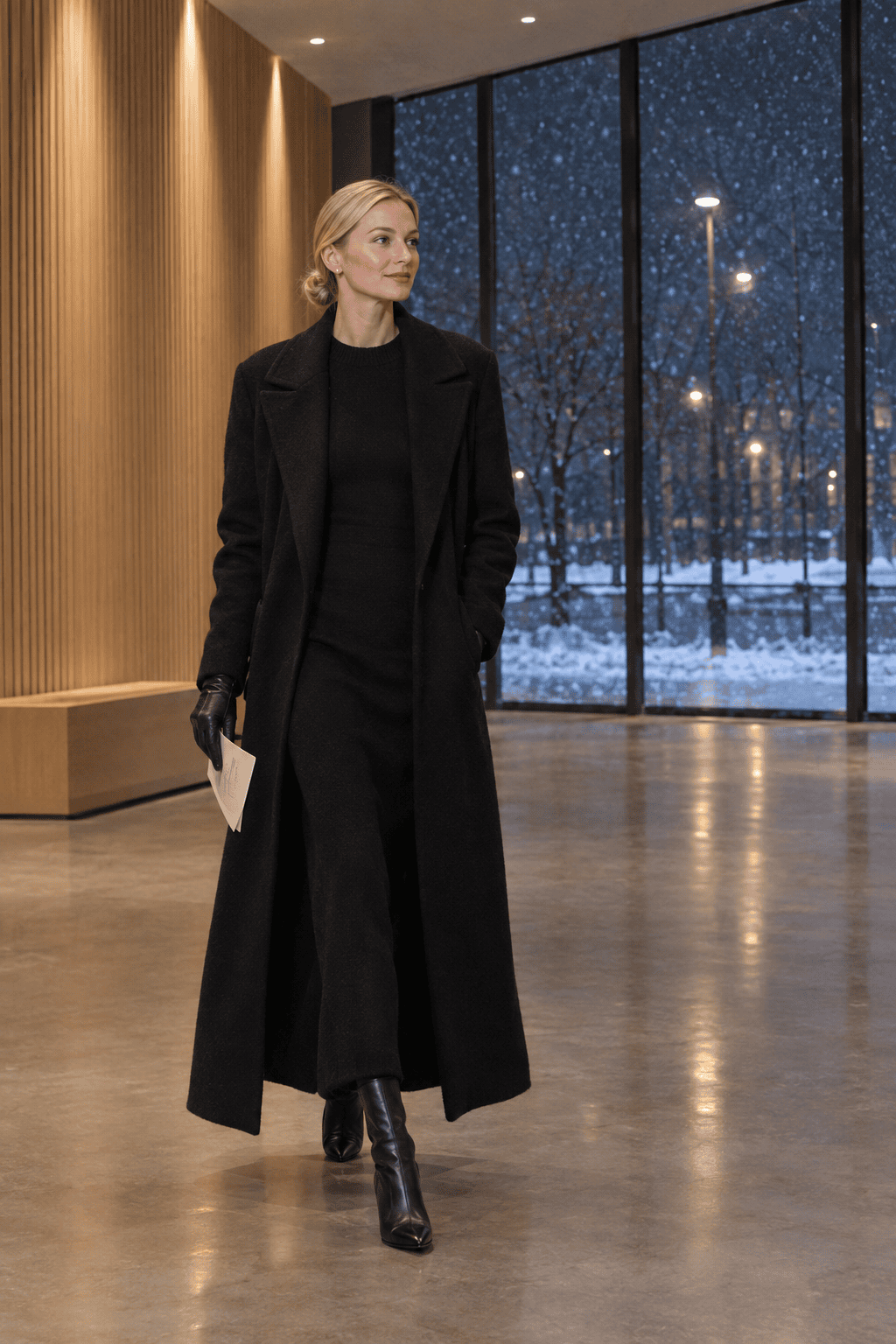 all-black theater night winter outfit: long black coat over a black long-sleeve knit maxi dress and black pointed stiletto ankle boots