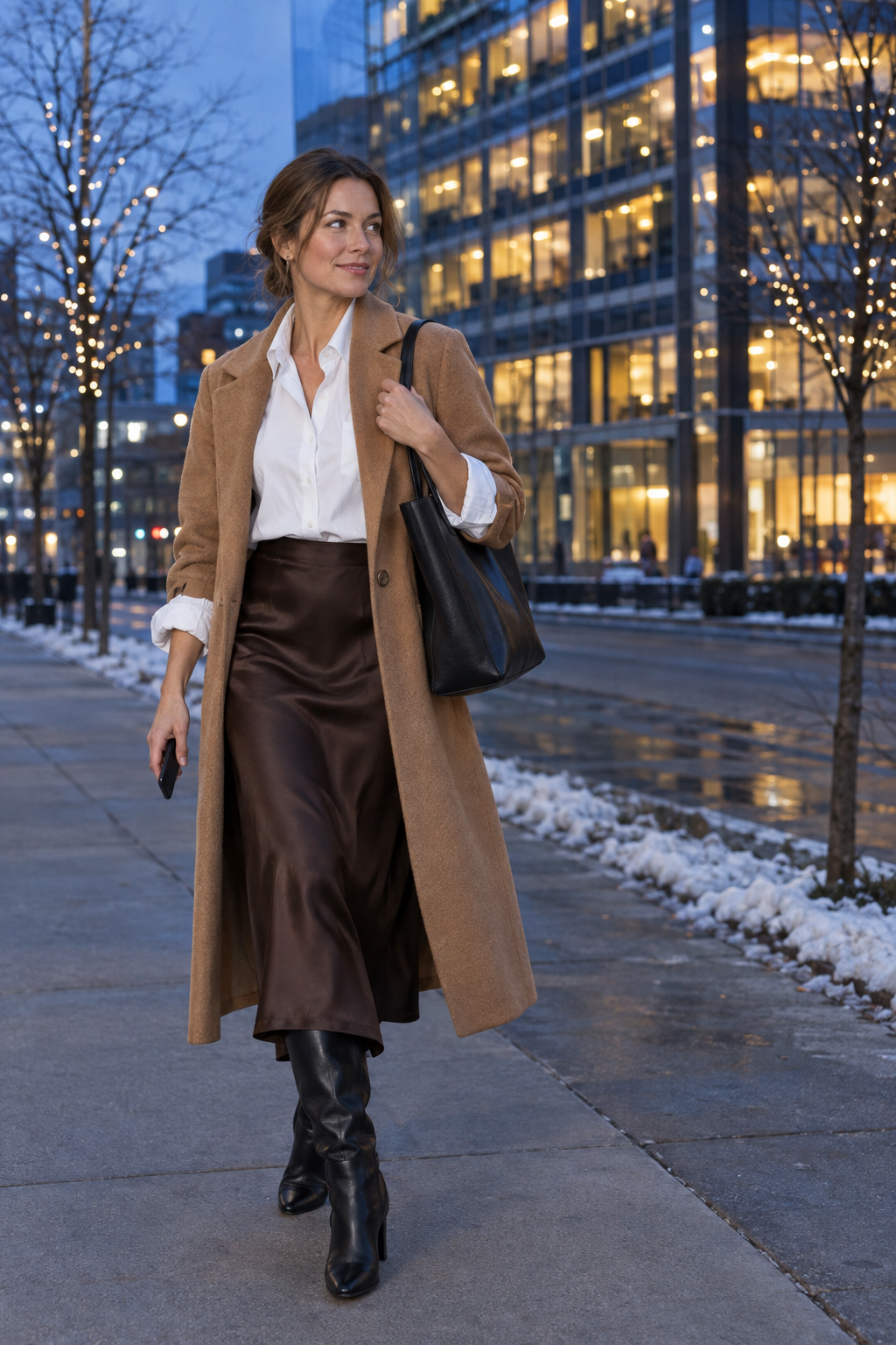 work to evening winter outfit: camel coat, white poplin shirt tucked into chocolate silk midi skirt, black knee boots and black tote