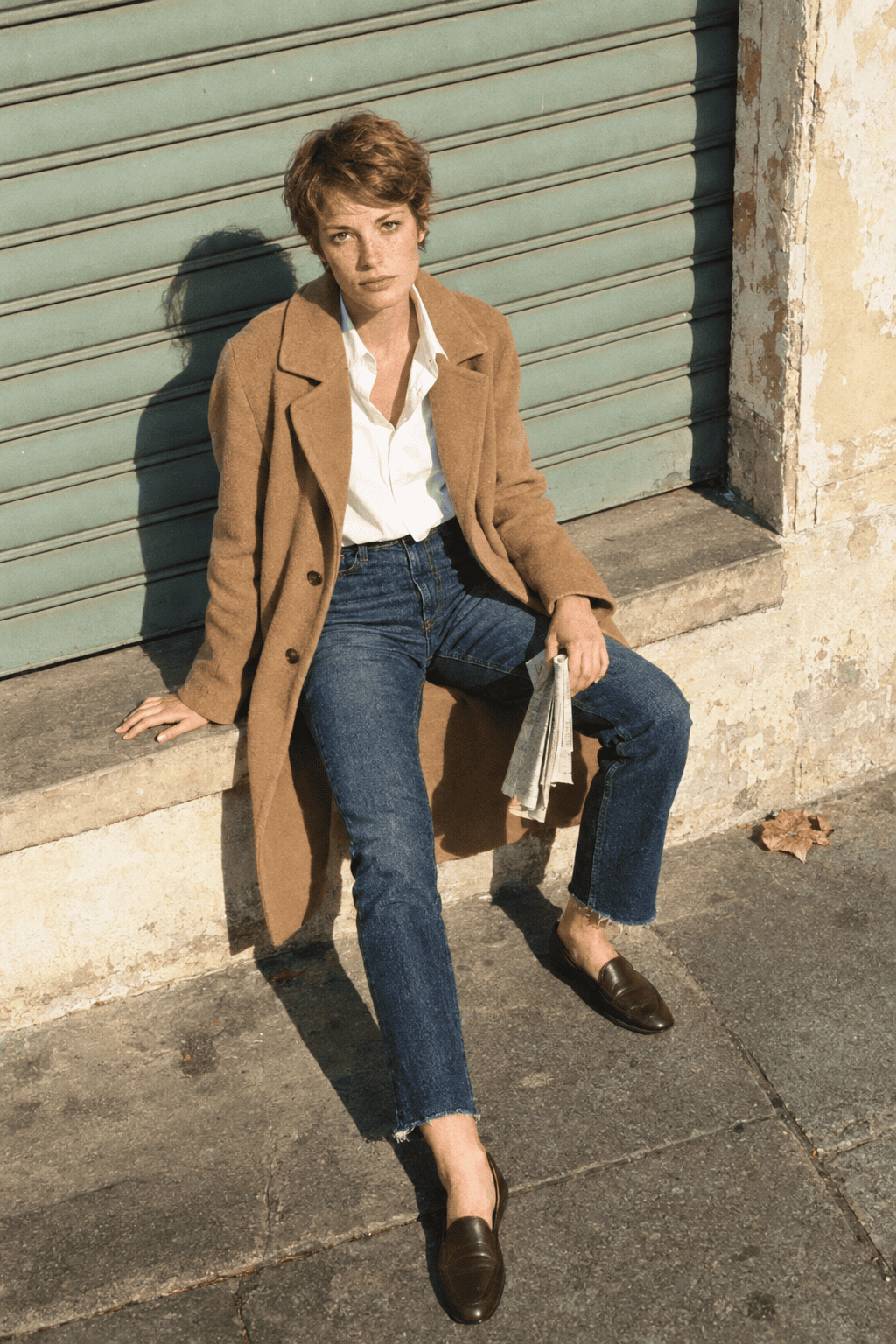 2027 capsule wardrobe travel day outfit: camel topcoat over an oversized white shirt with dark indigo jeans and dark brown loafers