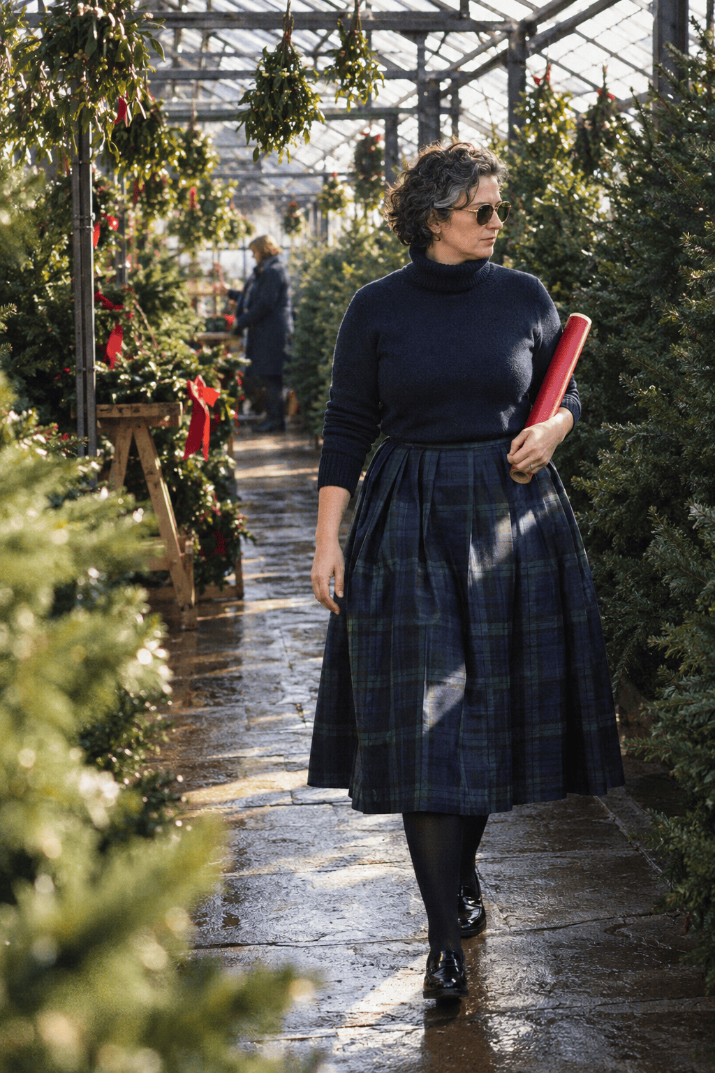 casual christmas party outfit: navy and green check taffeta midi skirt, navy cashmere turtleneck and black penny loafers