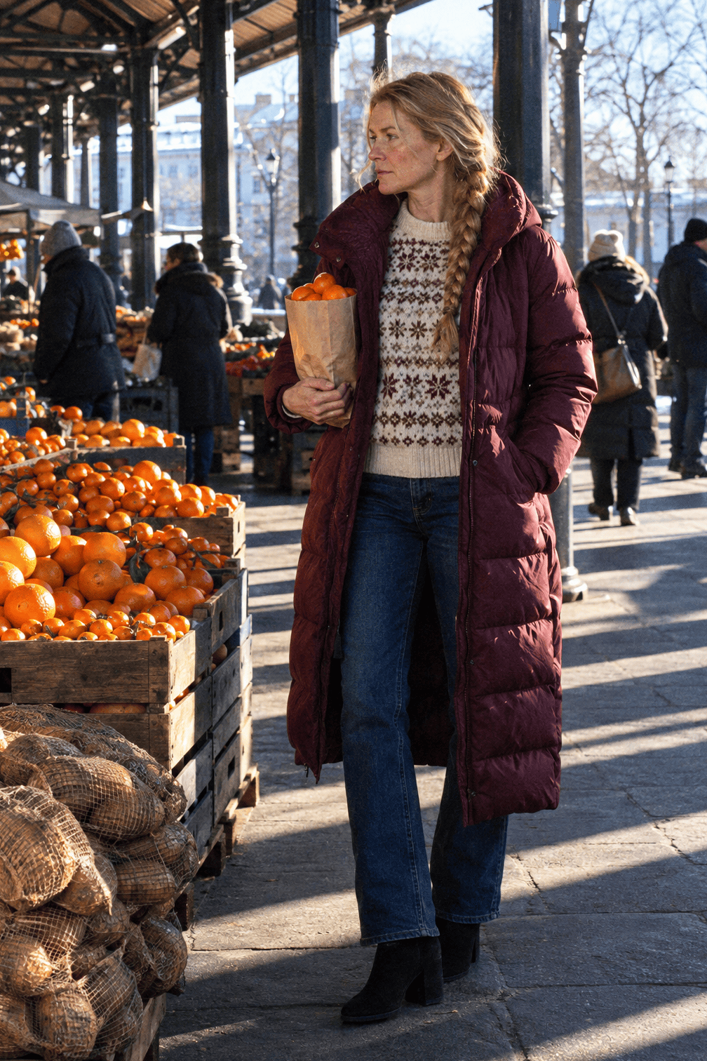 casual winter outfit: long burgundy quilted puffer coat worn open, cream fair isle sweater, clean indigo jeans and black suede ankle boots