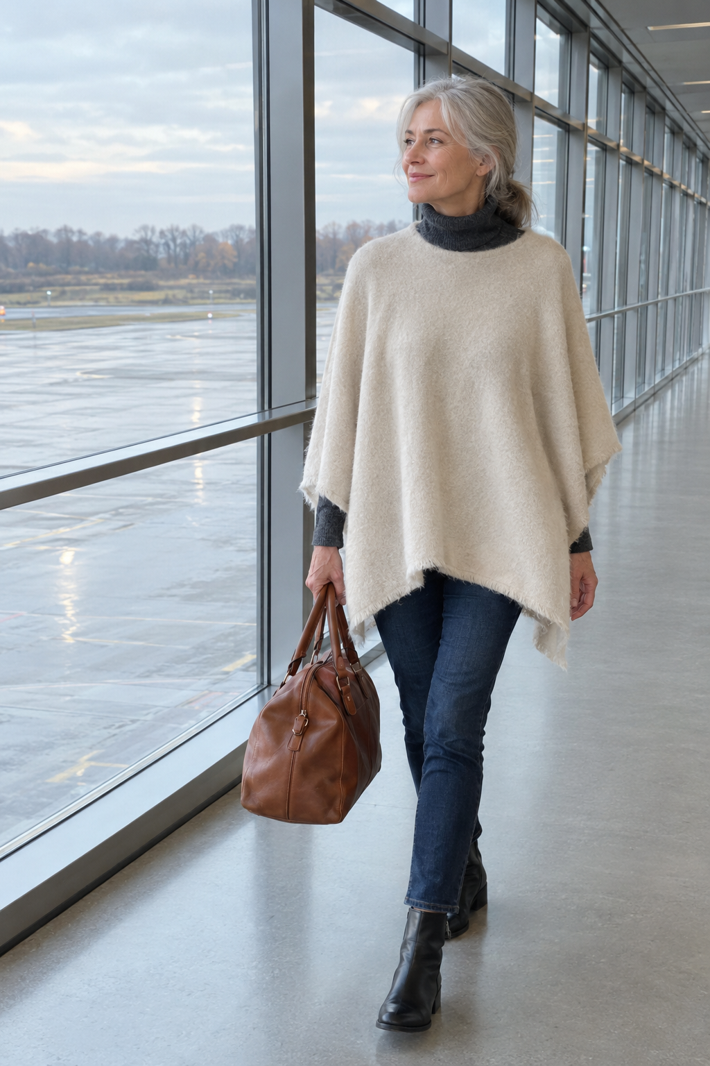 chic airport outfit for women over 60: ivory cashmere poncho, charcoal turtleneck, slim indigo jeans and black leather ankle boots