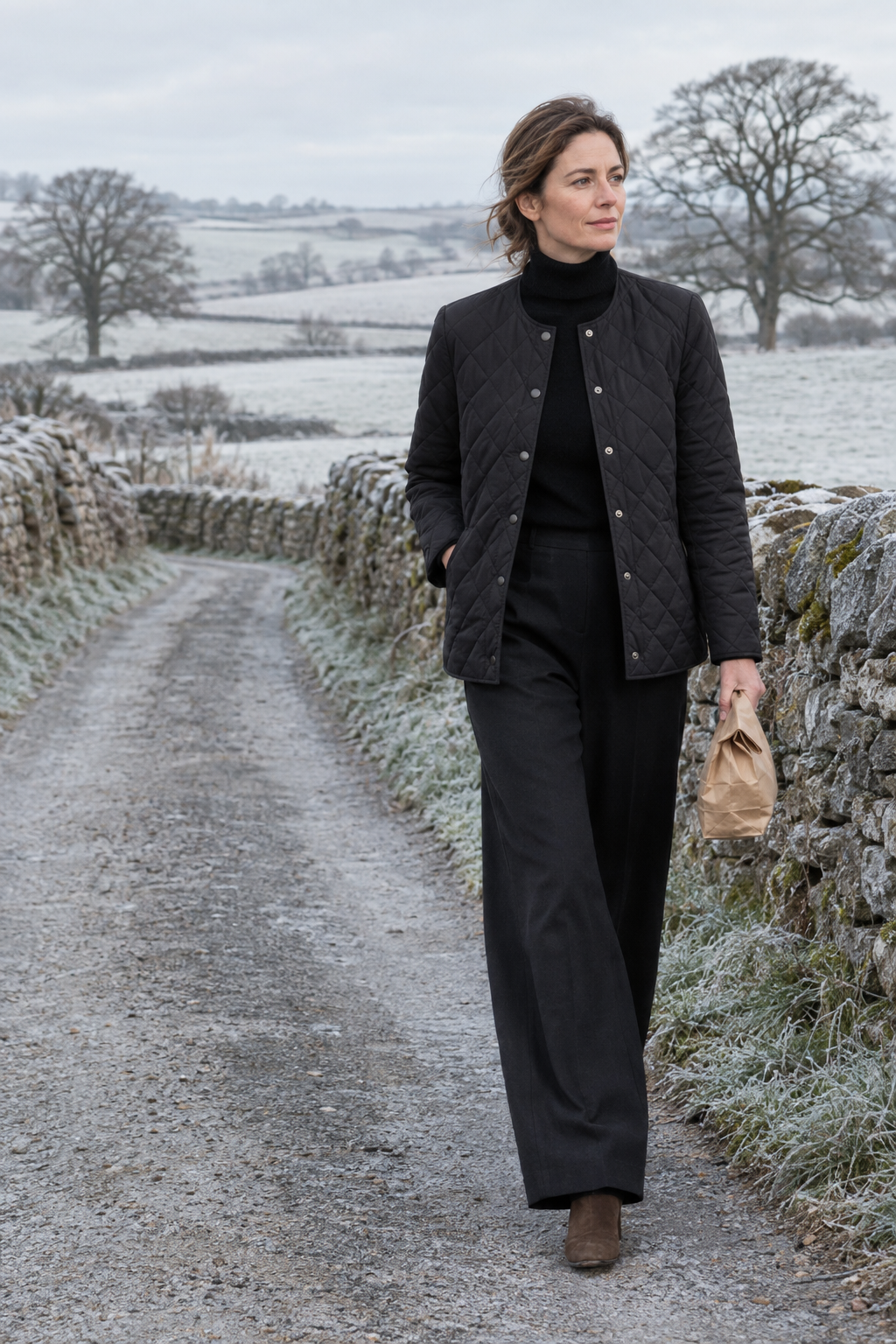 winter country walk outfit: black quilted jacket, black cashmere turtleneck, black wide-leg wool trousers and chocolate suede ankle boots