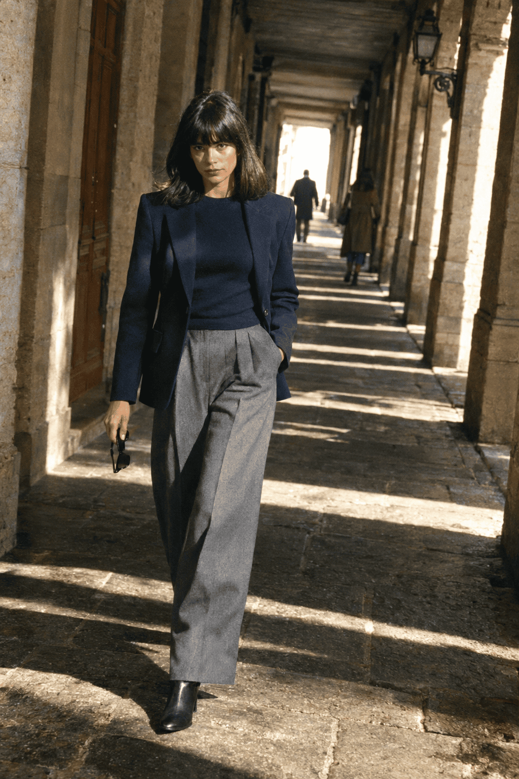 capsule wardrobe dinner outfit: navy wool blazer over a navy cashmere crewneck with grey pleated wide-leg trousers and black ankle boots