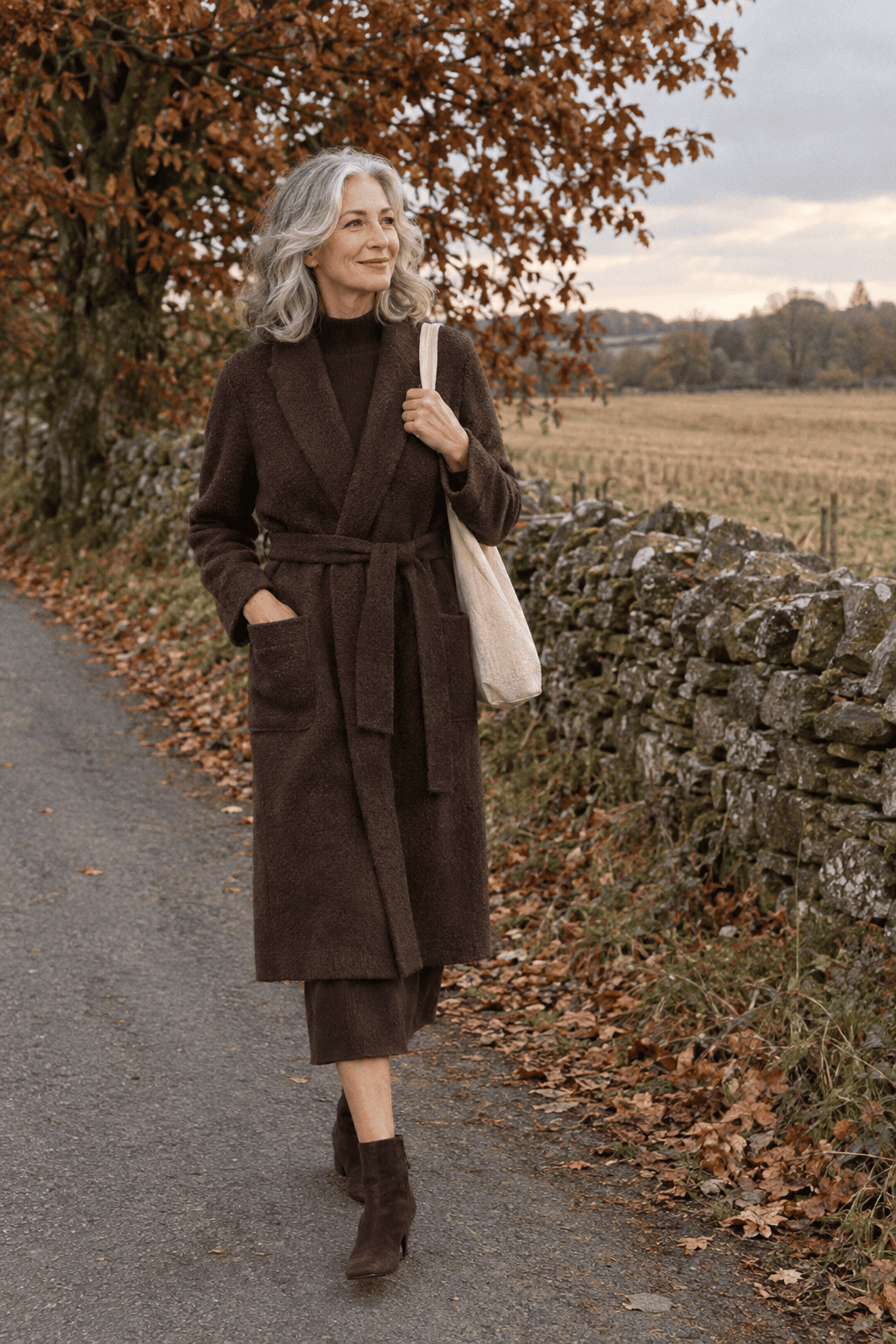 cozy weekend outfit for women over 60: long belted chocolate sweater coat over a brown knit midi dress with espresso suede ankle boots