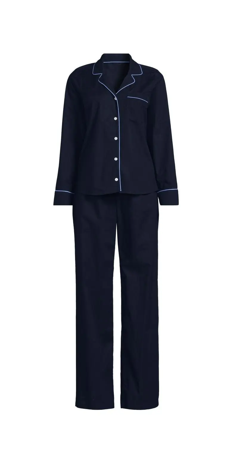 Women's Cotton Poplin 2 Piece Pajama Set - Long Sleeve Top and Pants (Radiant Navy)
