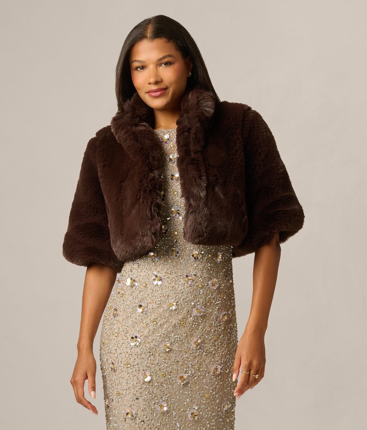 Short Sleeve Faux Fur Coverup Jacket In Dark Brown