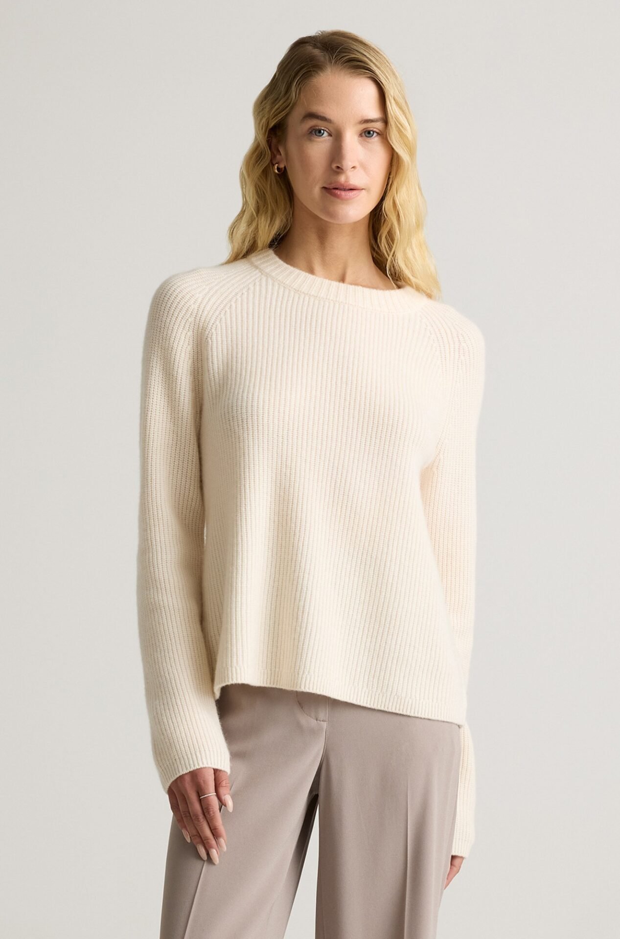 Mongolian Cashmere Fisherman Crewneck Sweater (Ivory)
