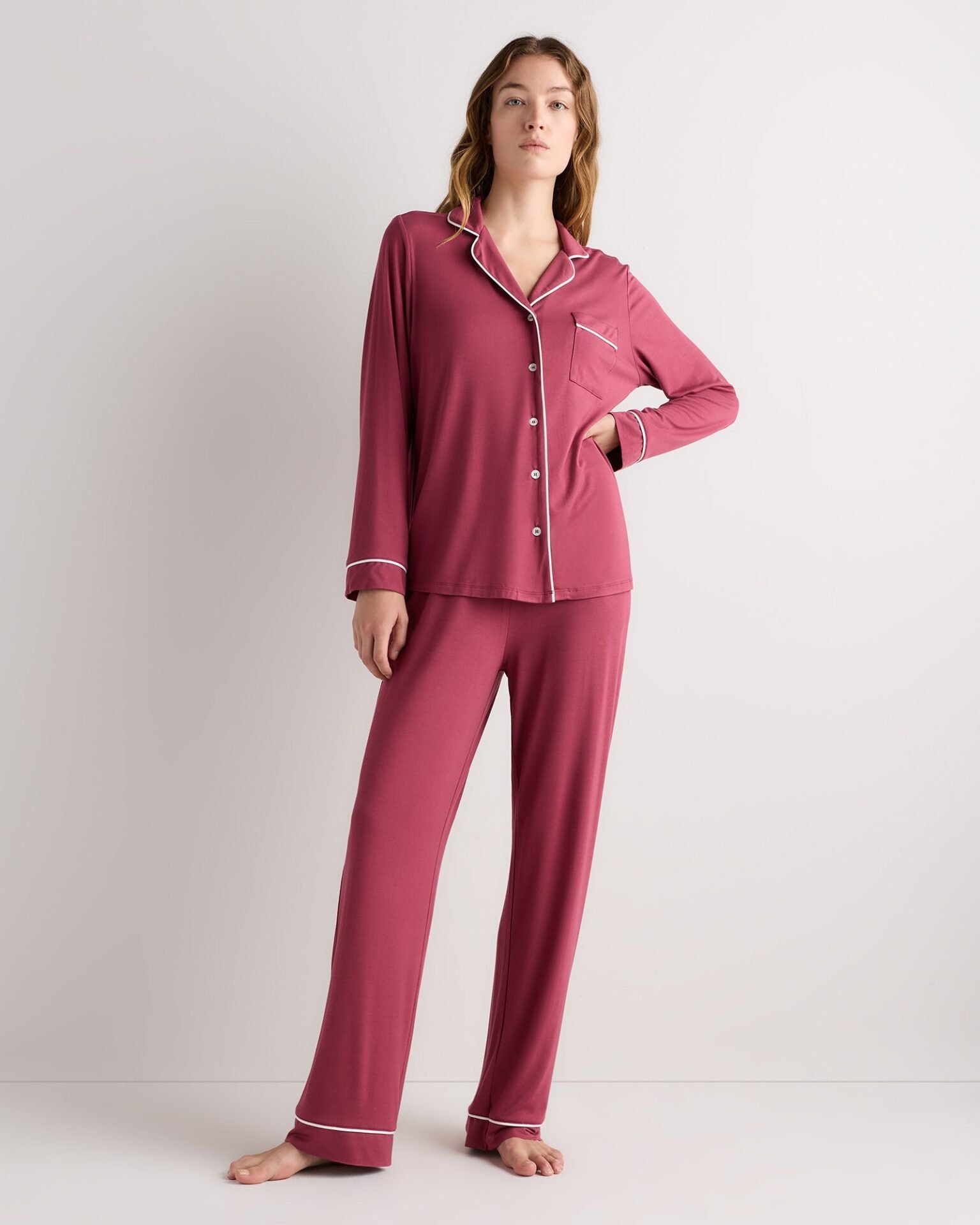 Bamboo Jersey Long Sleeve Pajama Set (Faded Maroon)