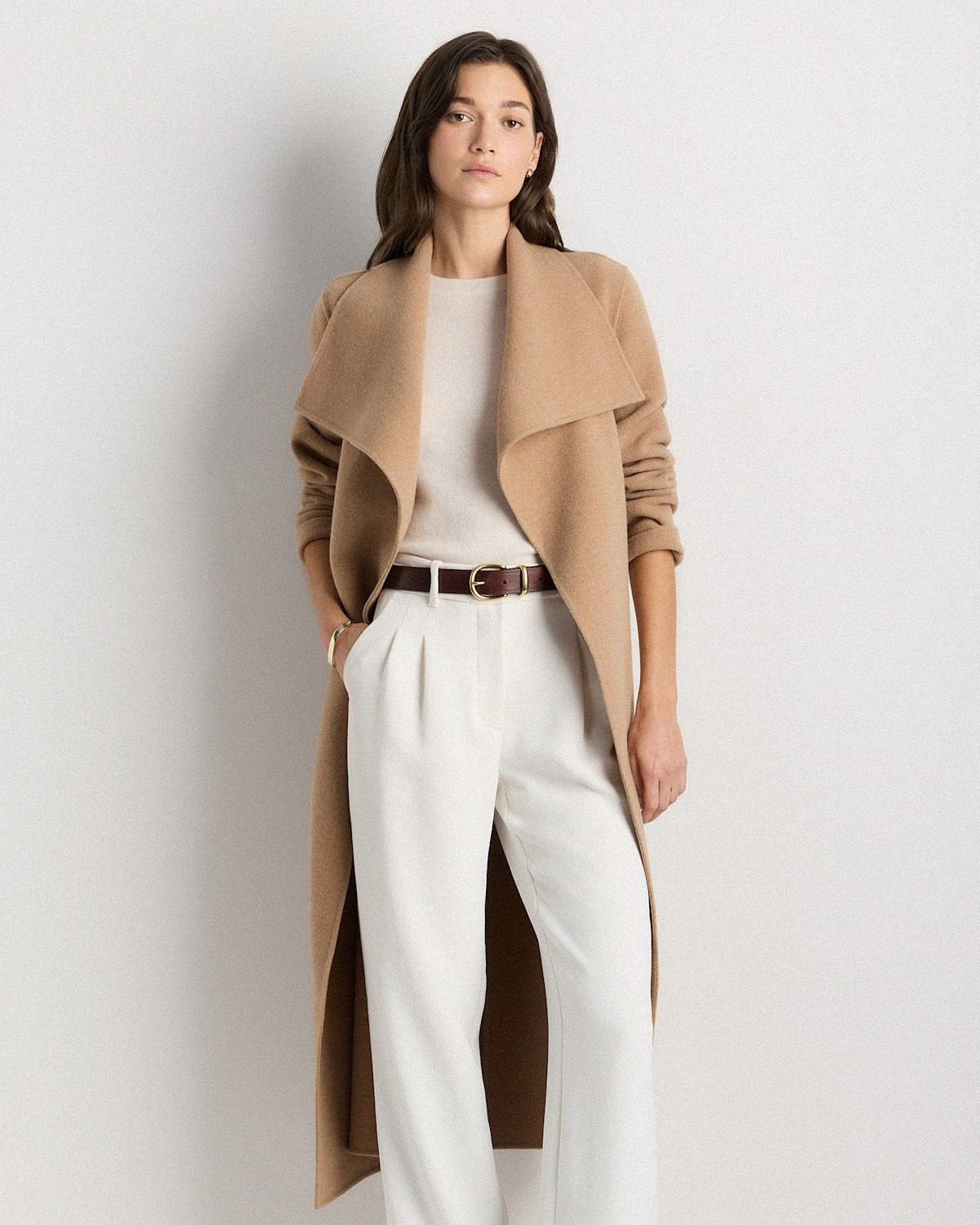 Double-Faced Merino Wool Draped Collar Wrap Coat (Caramel)