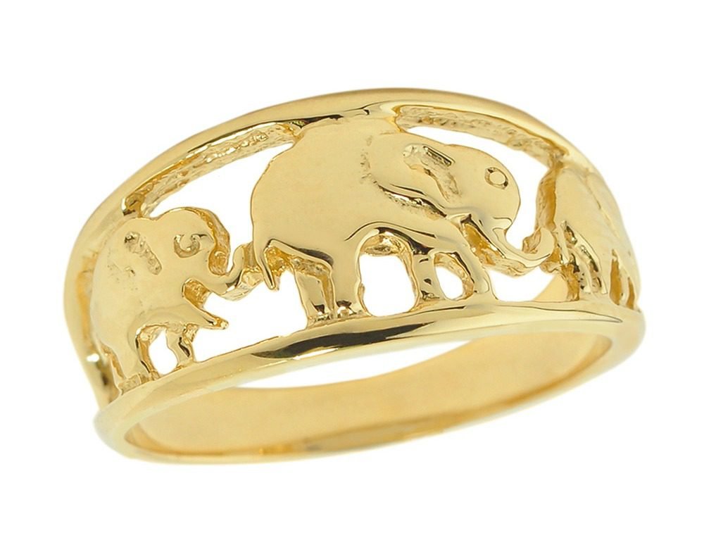 Solid Gold Openwork Three Elephant Ring (10K Yellow Gold)