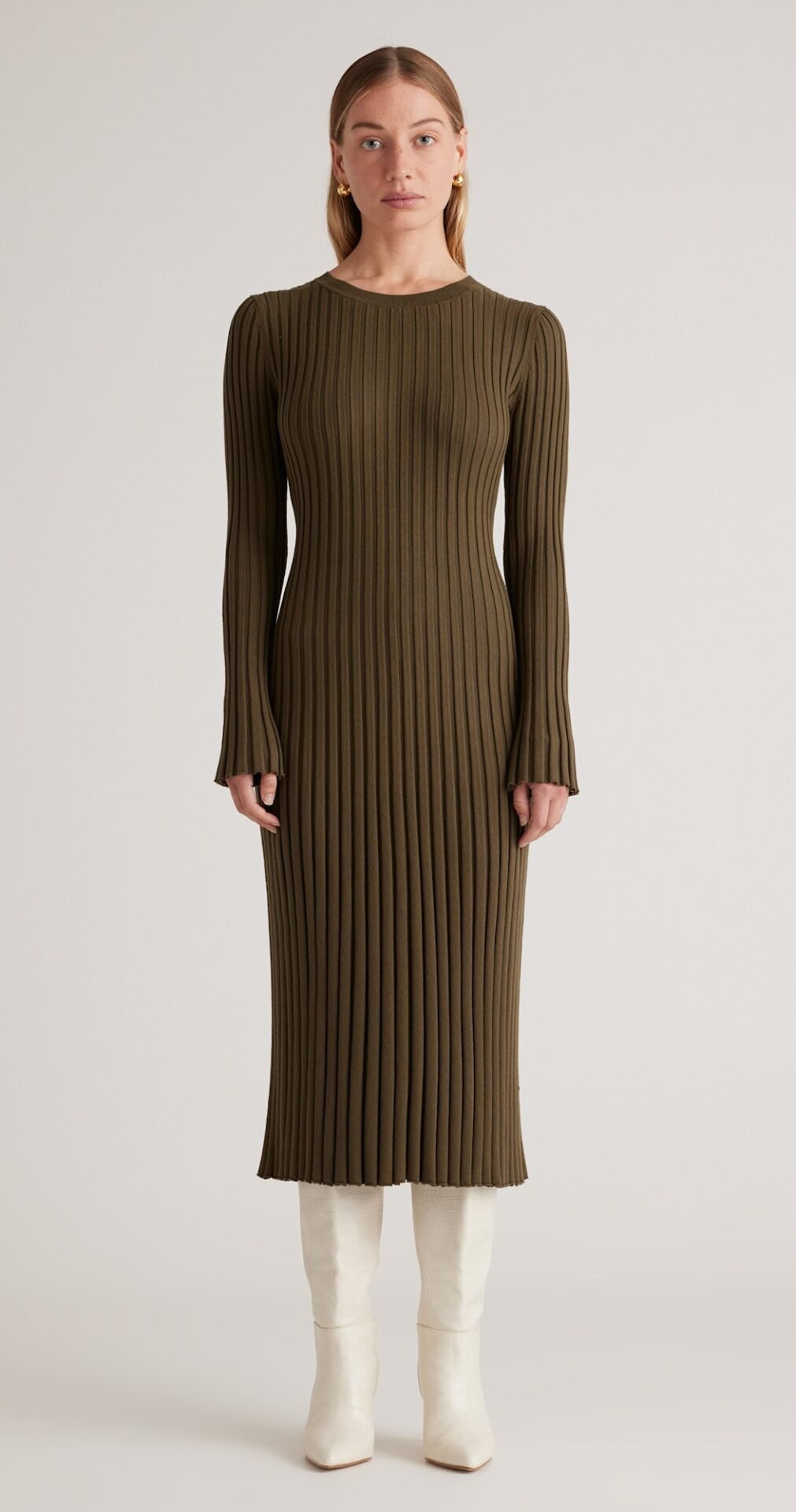 Cotton Cashmere Ribbed Long Sleeve Crew Midi Dress (Olive)