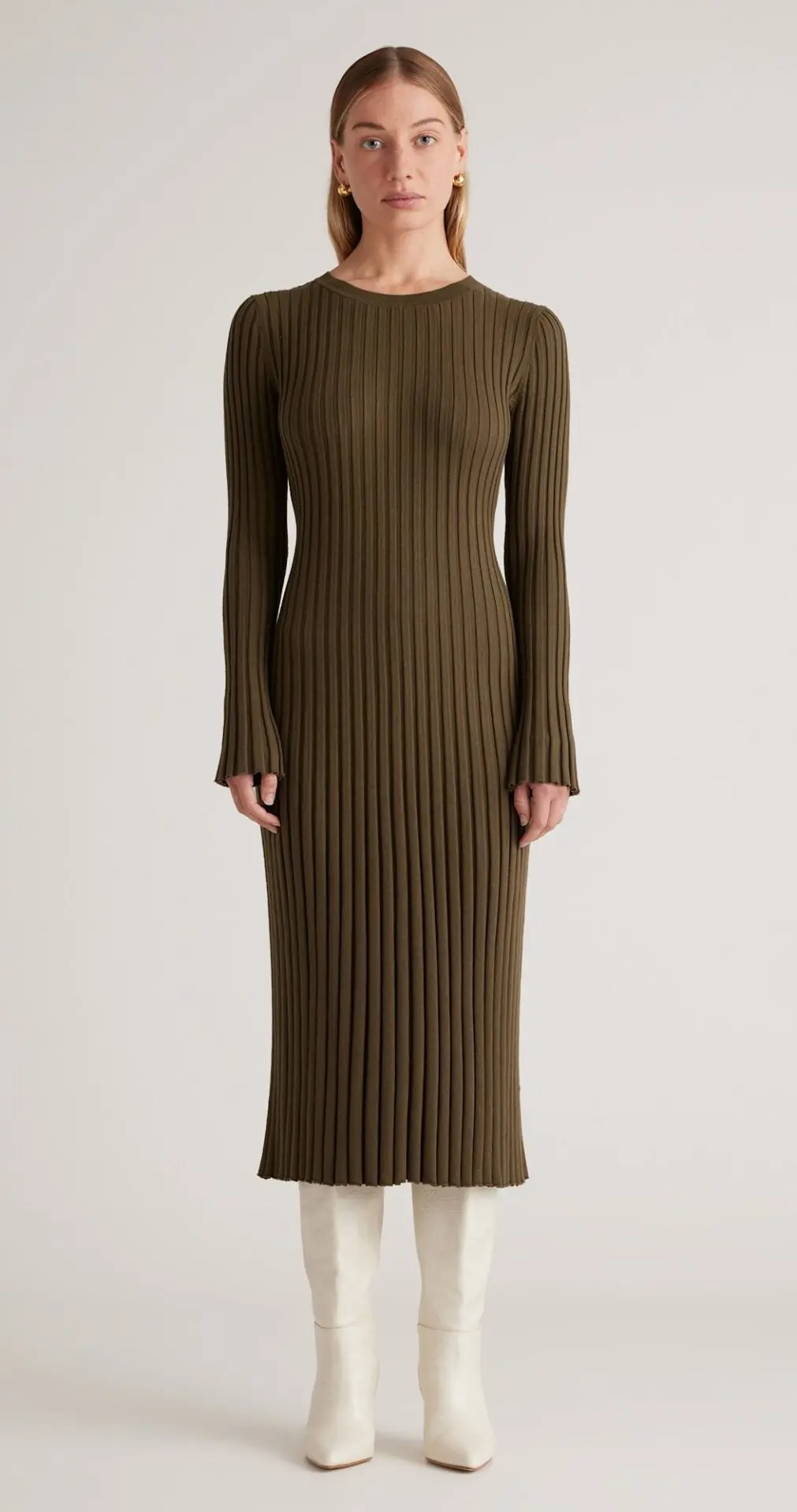 Cotton Cashmere Ribbed Long Sleeve Crew Midi Dress (Olive)