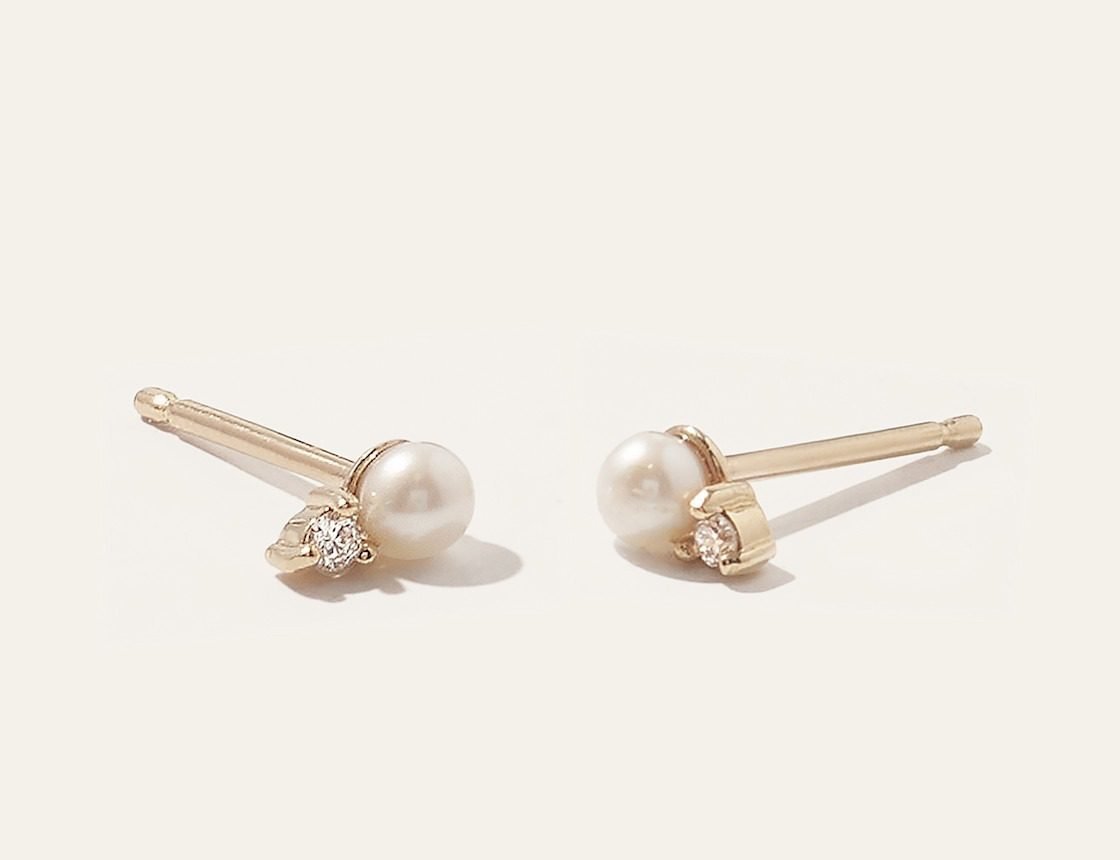 14K Gold Pearl and Diamond Petite Odette Studs (Yellow Gold)