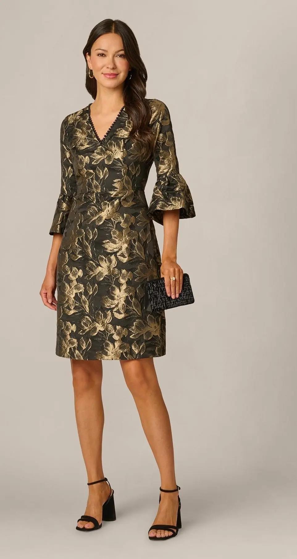 Bell Sleeve Floral Jacquard Beaded V Neck Dress (Black Gold)