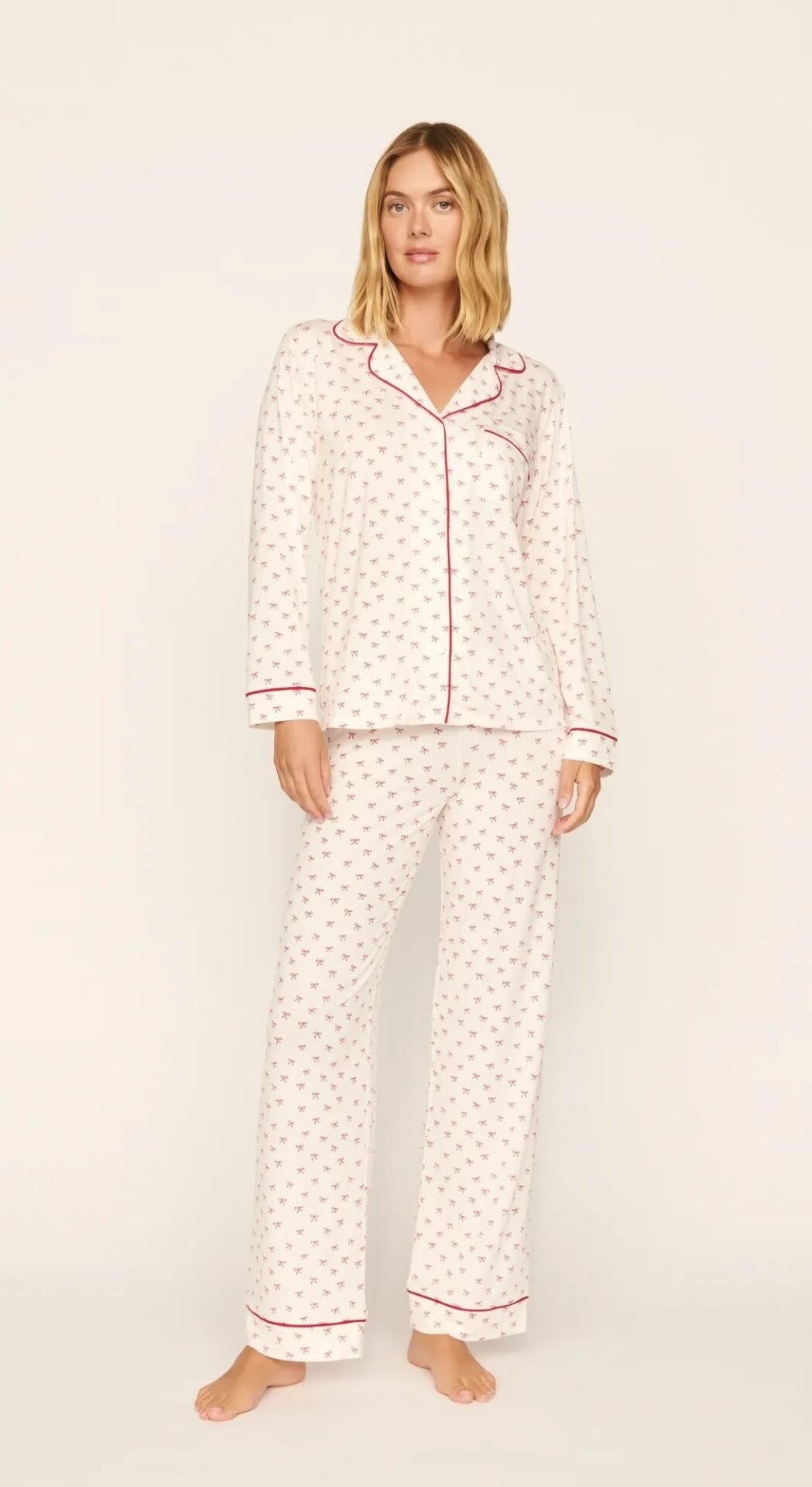 Gisele Printed TENCEL Modal Long PJ Set (Mini Bow Ivory/Holly Red)