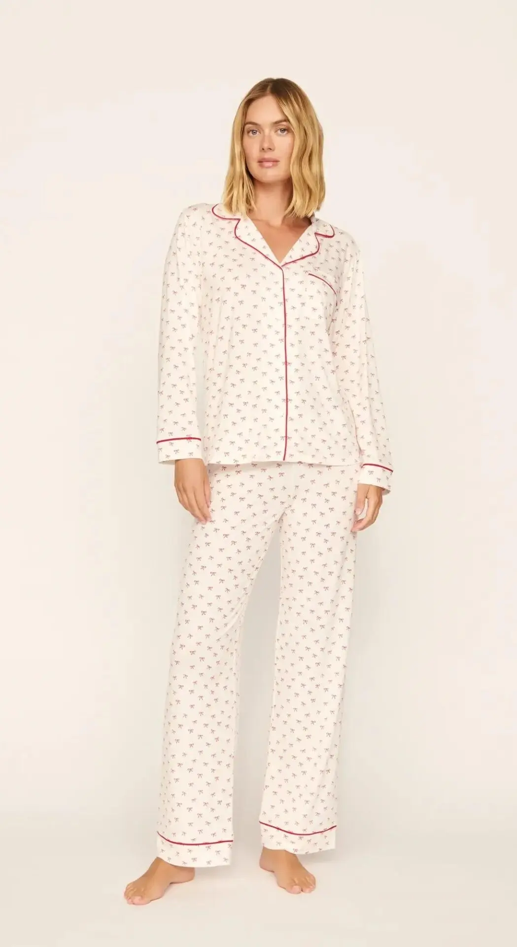 Gisele Printed TENCEL Modal Long PJ Set (Mini Bow Ivory/Holly Red)