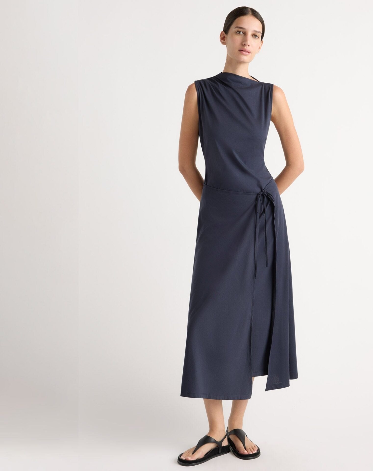 Amelia Asymmetric-Neck Wrap Dress (Navy)