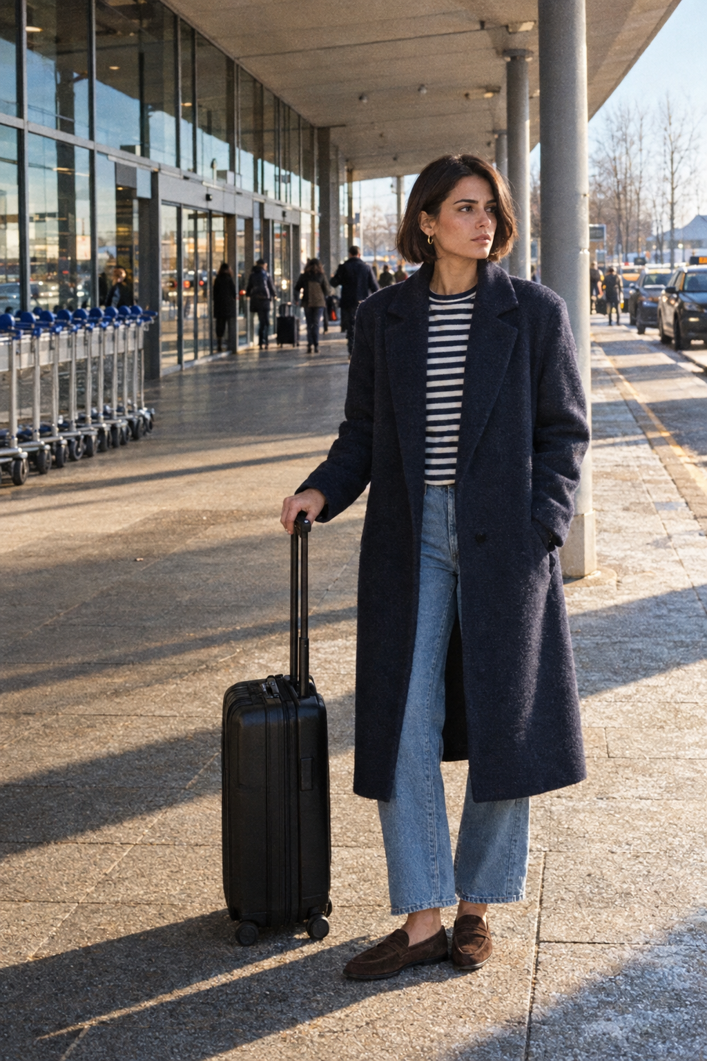city-break winter airport outfit: navy wool topcoat over a navy and ecru Breton tee, faded wide-leg jeans and chocolate suede loafers