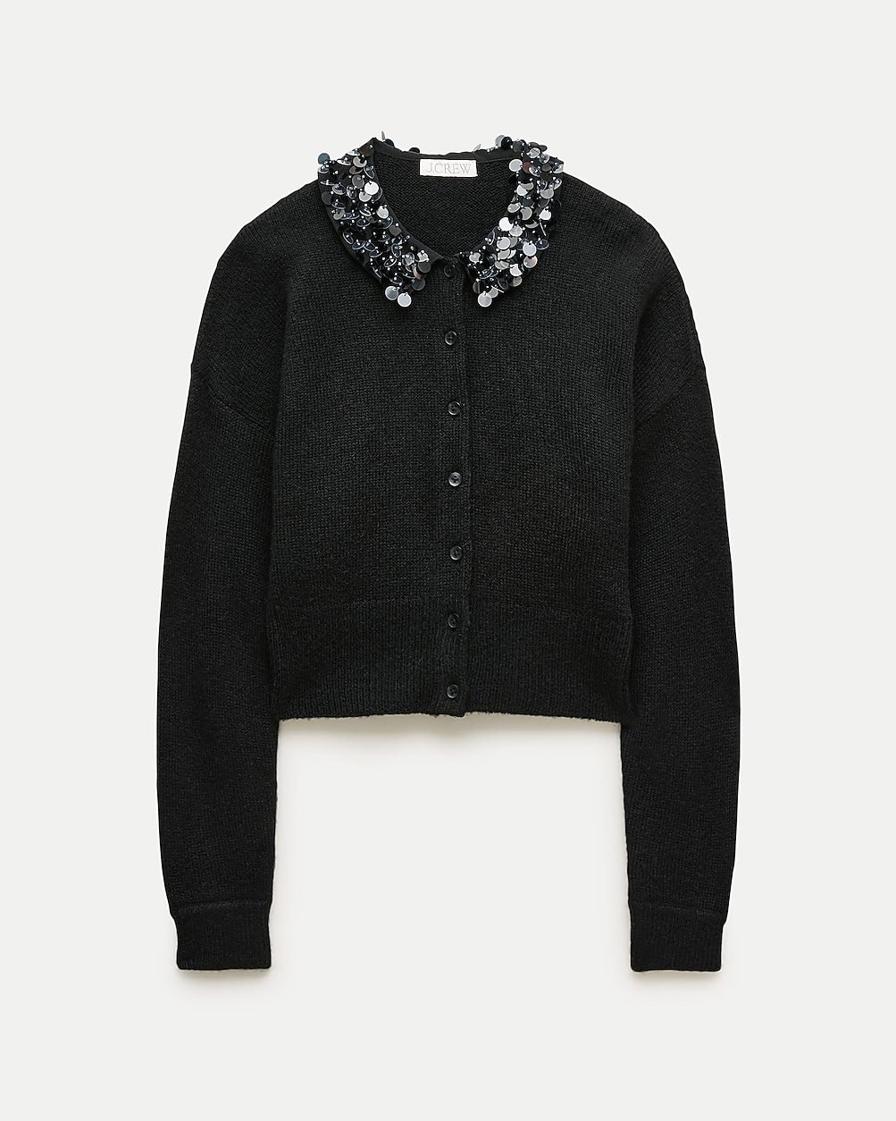 Alpaca-Blend Cardigan with Paillette Collar (Black)