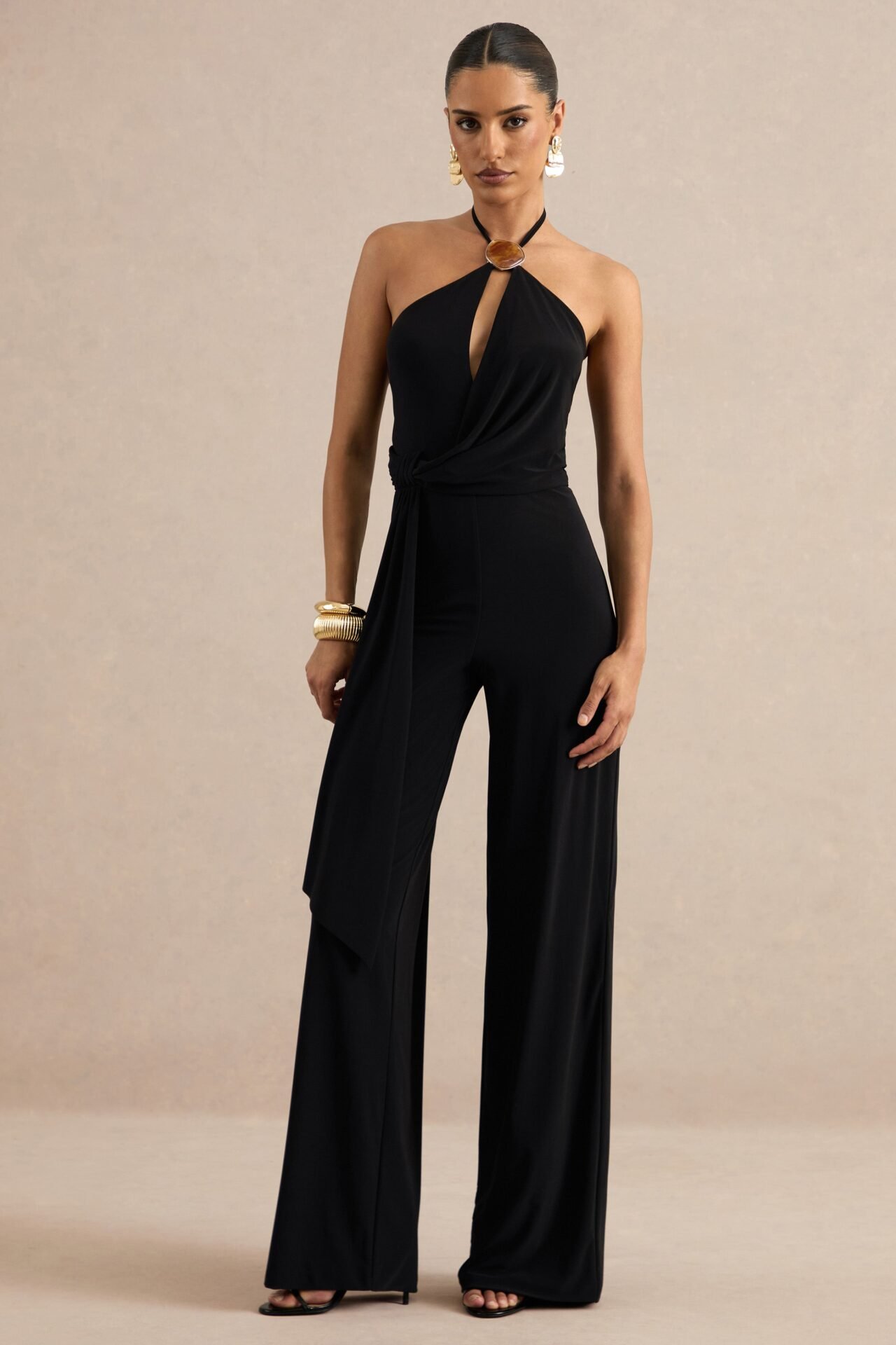 Avani | Black Halter-Neck Jumpsuit With Sash Detailing And Gold Detail