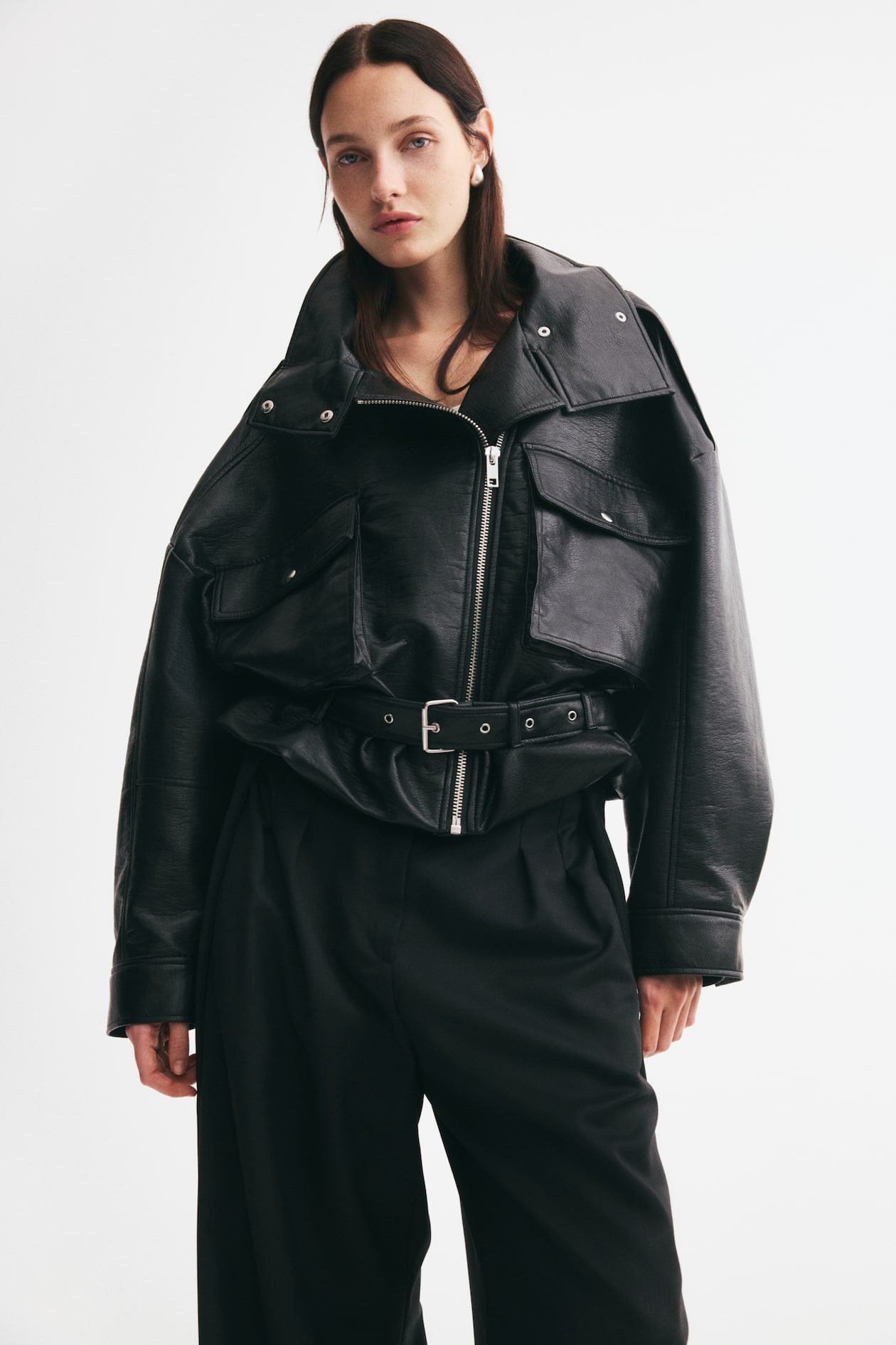 Belt-Detail Biker Jacket (Black)