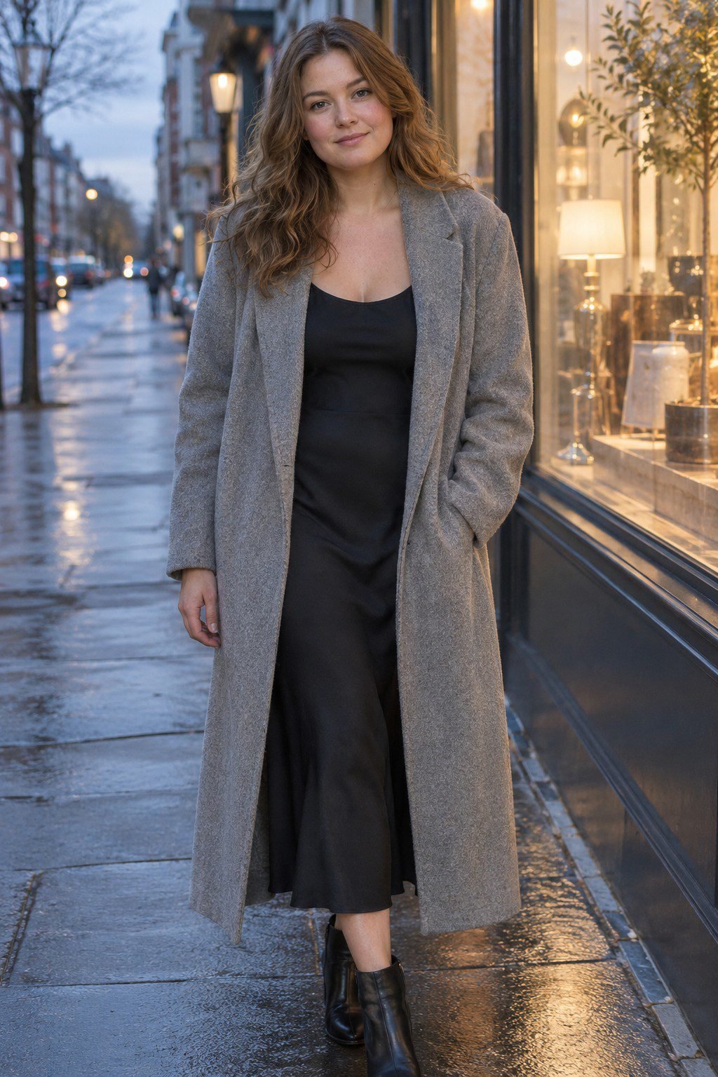 black slip dress worn under an open, unbelted stone-grey wool duster coat for evening
