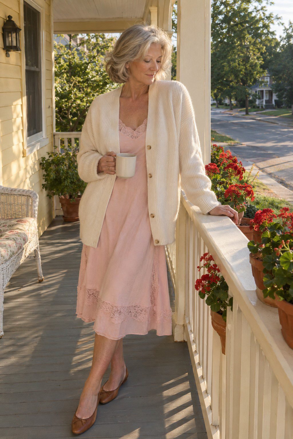 how to style a cardigan for women in their 70s: ivory cashmere cardigan open over a shell pink midi dress with cognac ballet flats