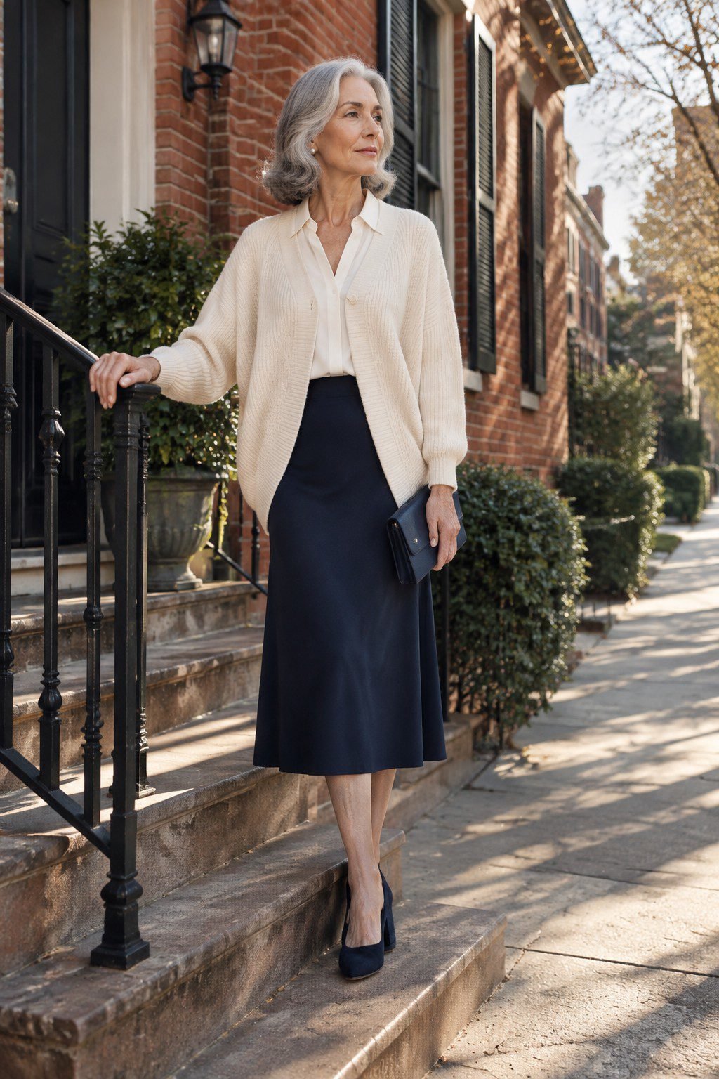 how to style a cardigan for women in their 70s: ivory cashmere cardigan buttoned over an ivory blouse and navy midi skirt for church